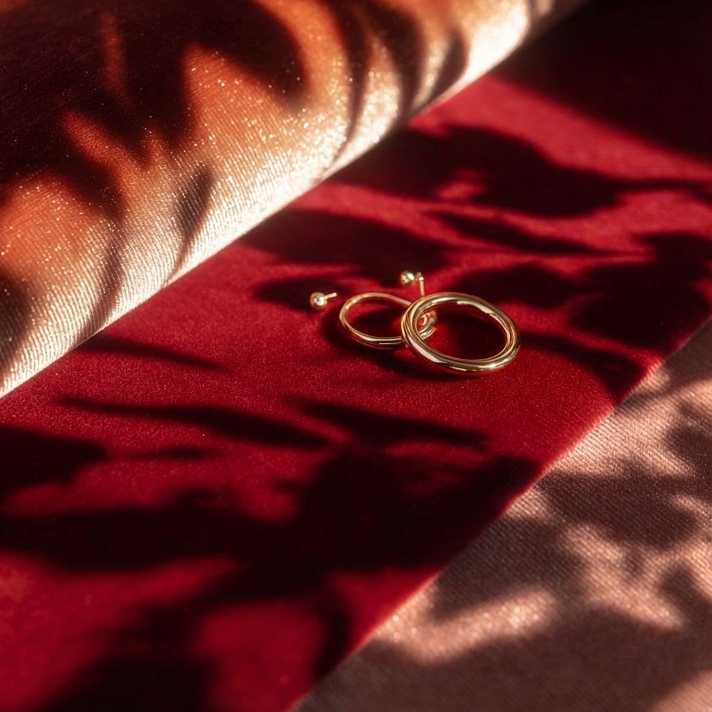 Red velvet with gold rings and soft shadows.