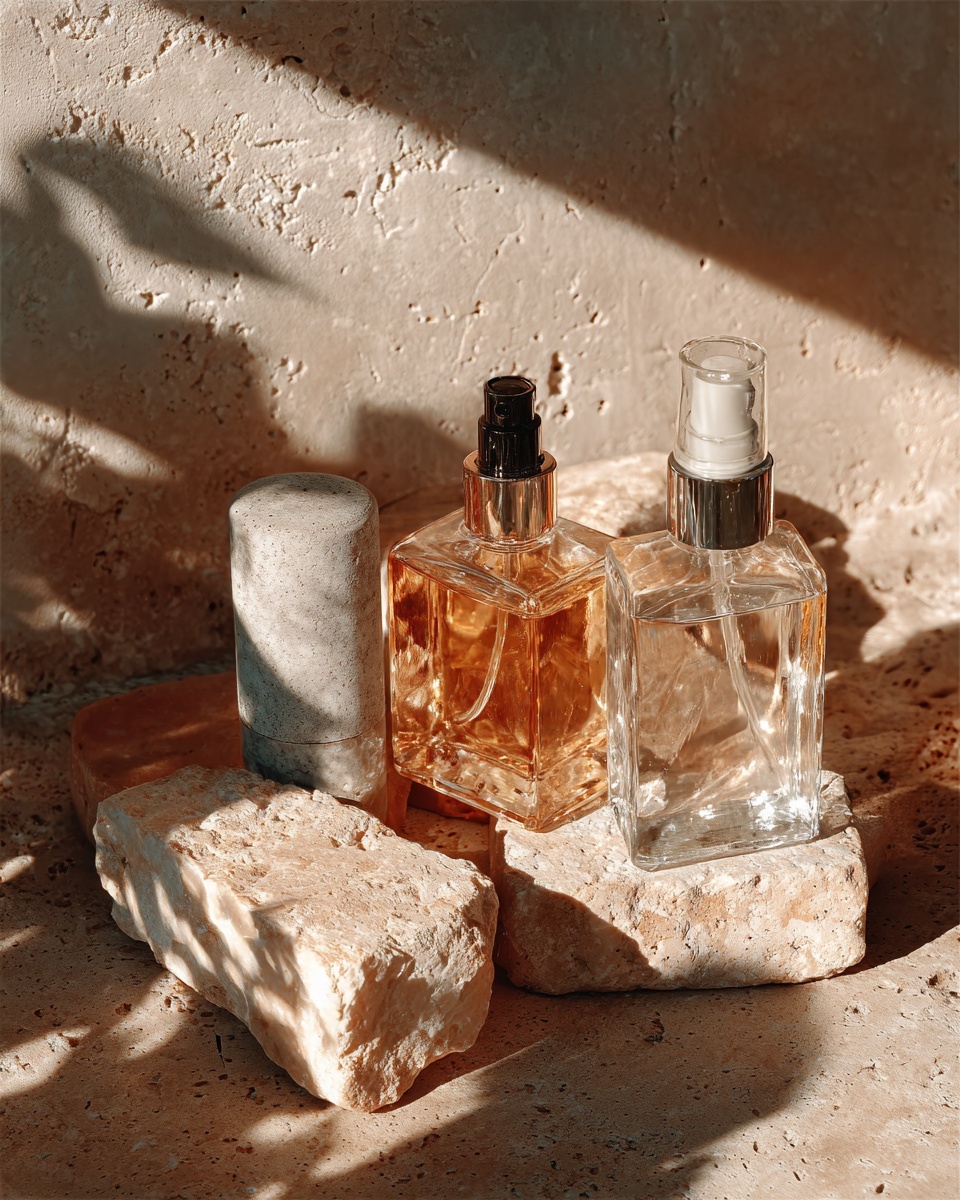 Amber and clear bottles on stone with sculpted light.