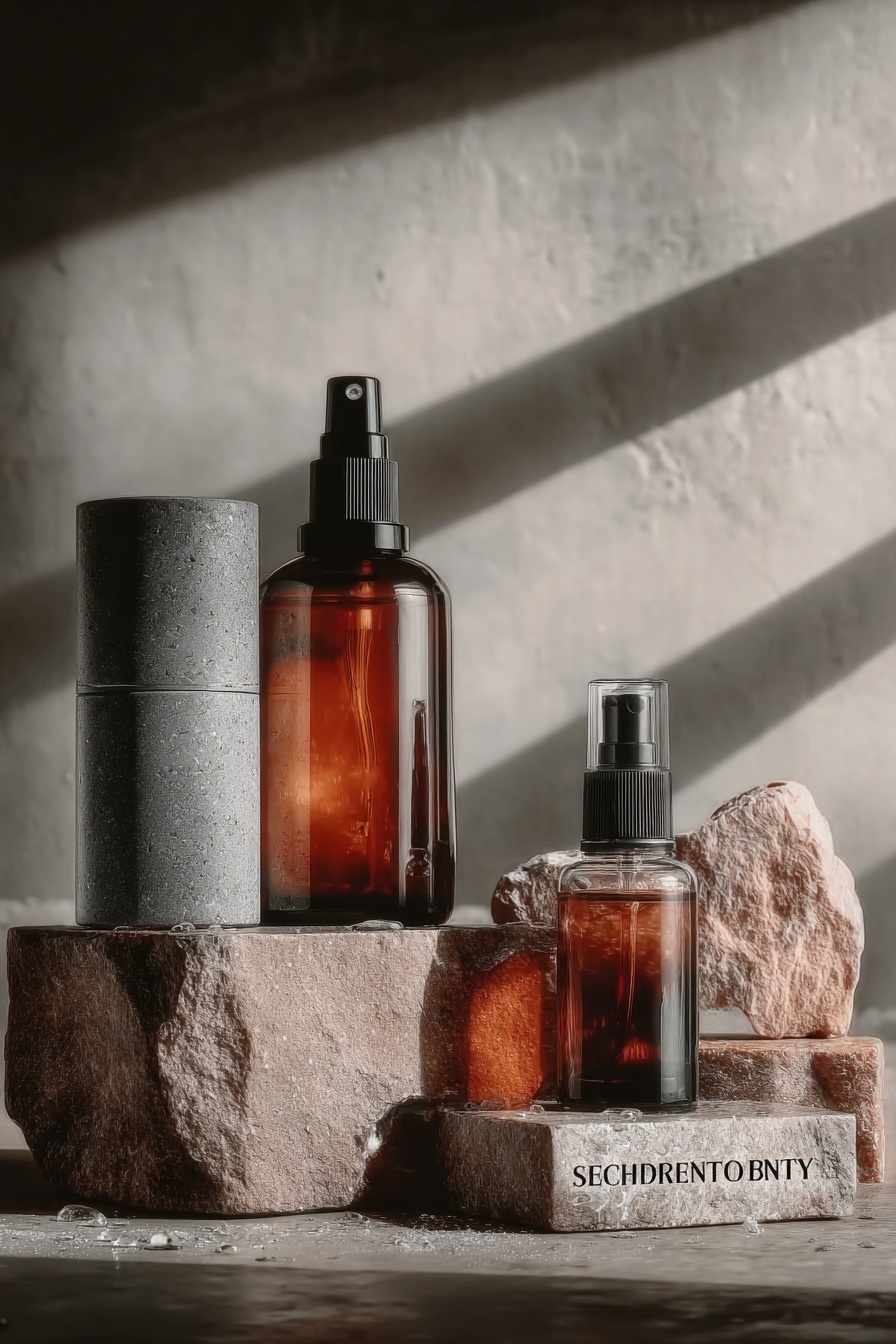 Amber bottles on stone with cinematic shadow bands.