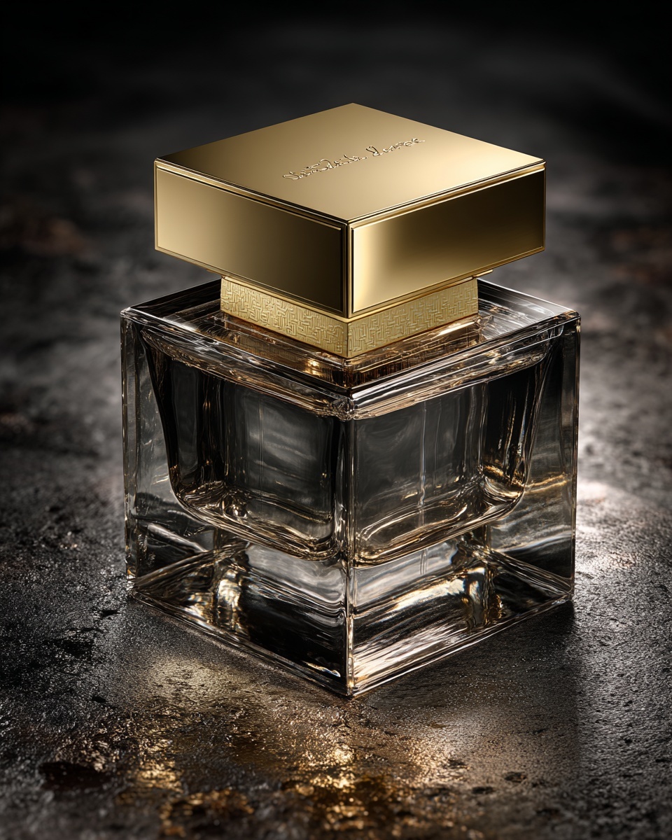 Square glass bottle with a gold cap on a dark surface.