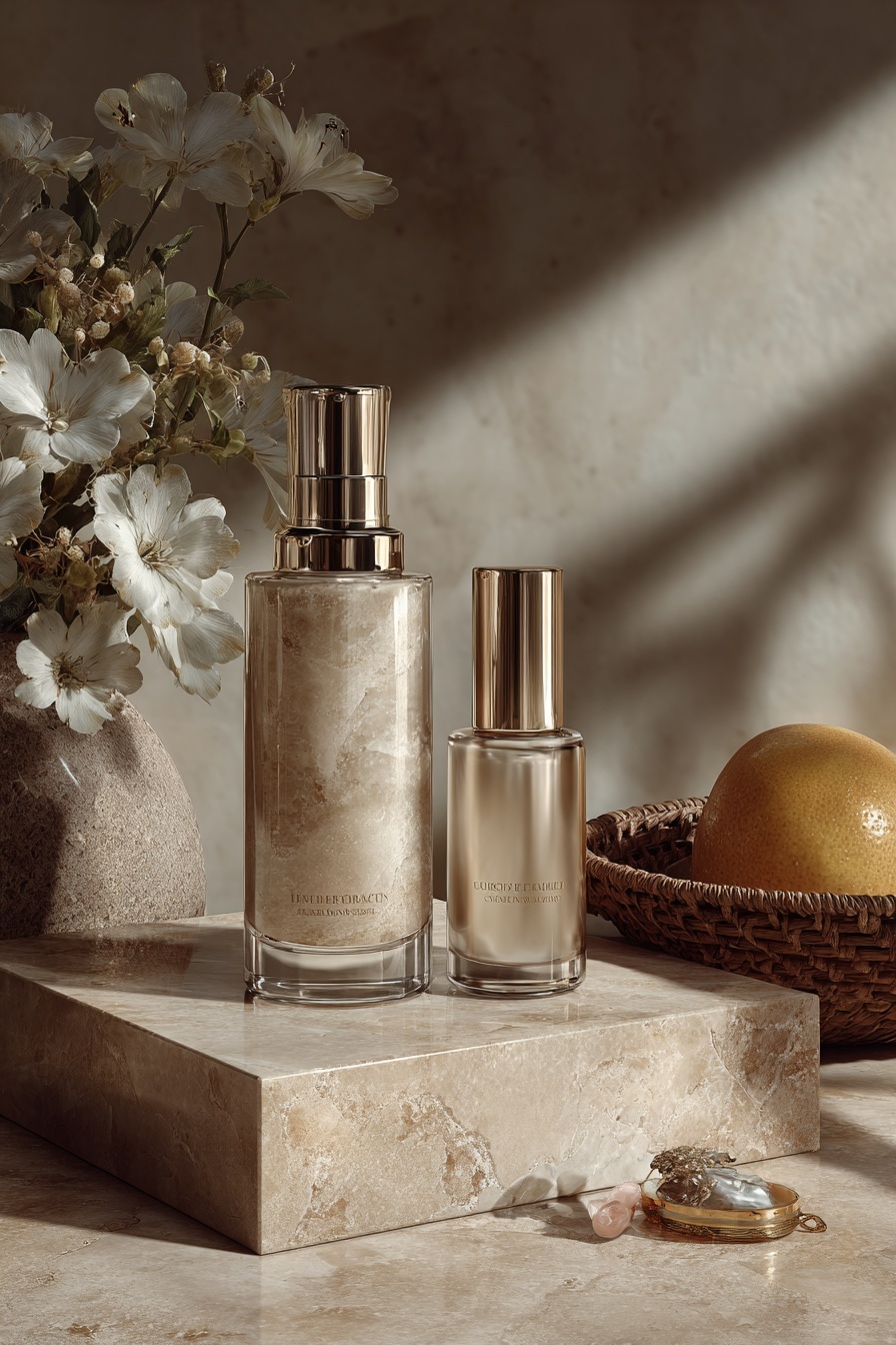 Elegant bottles on stone with florals and warm light.