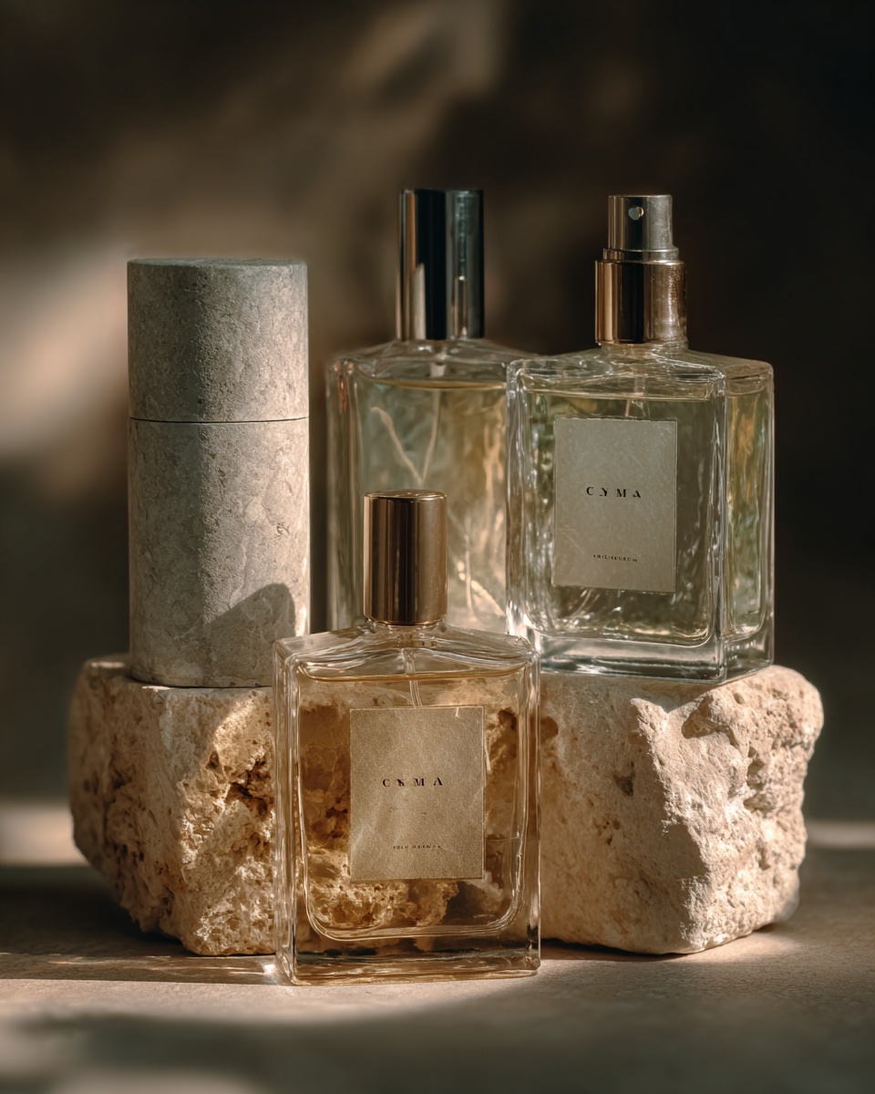 Clear glass bottles and stone in soft studio light.