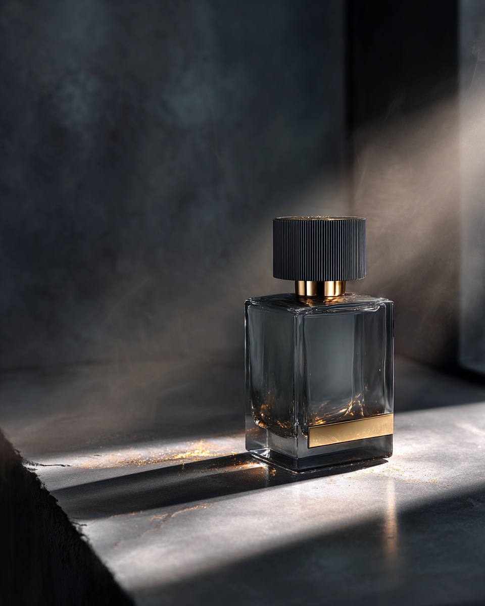 Minimal dark bottle on stone with soft light.