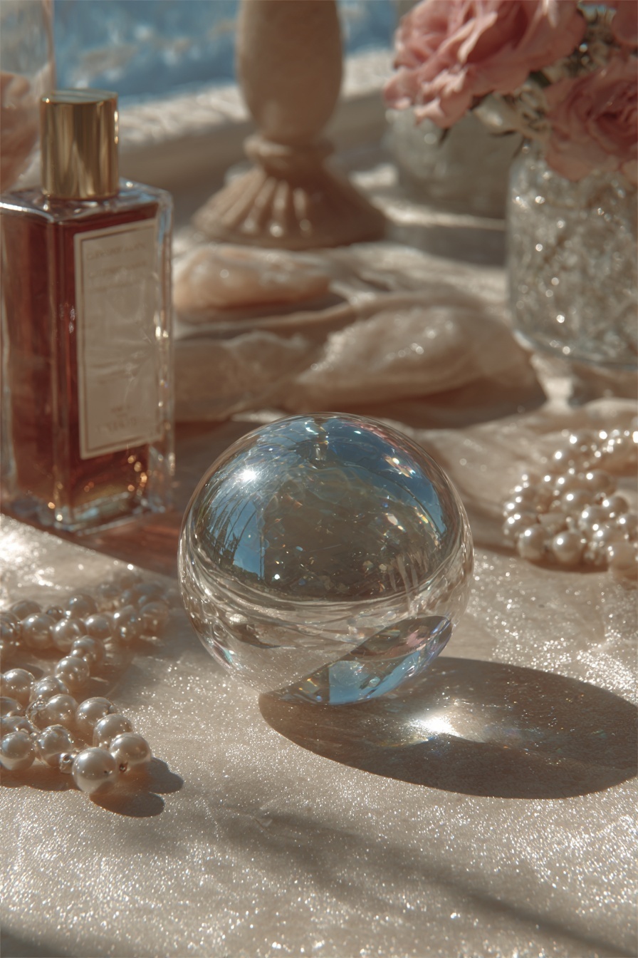 Pearls and glass bottle in warm morning light.