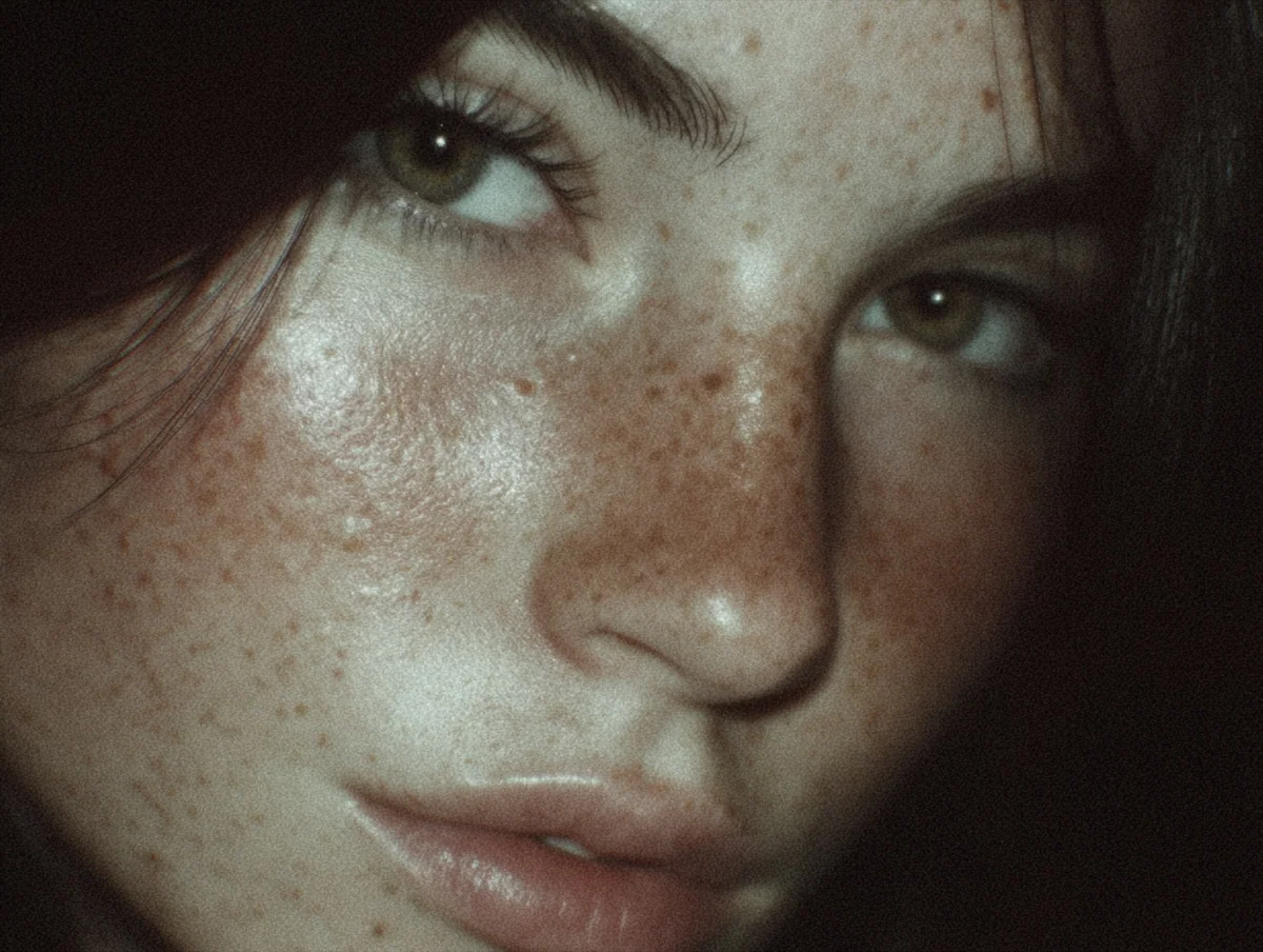 AI beauty portrait study with freckles, skin texture and directional light.