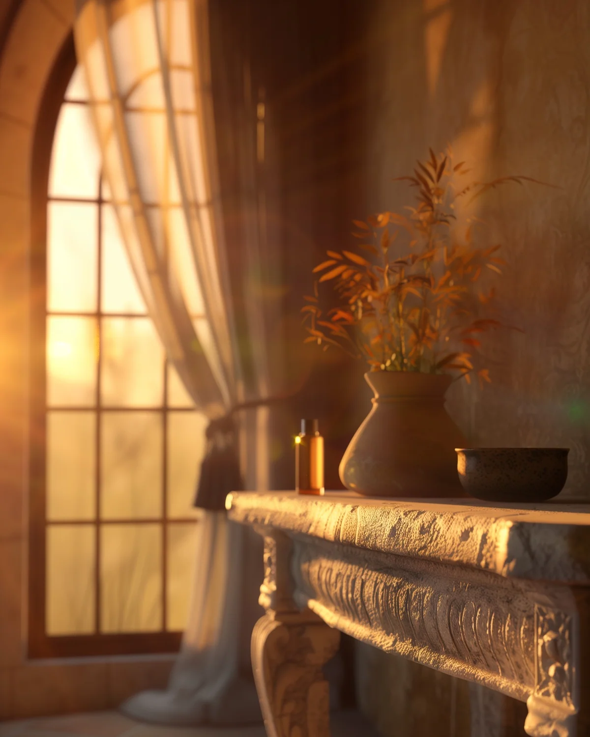 Minimal skincare bottle in a warm interior shaped by sunset light and shadows.