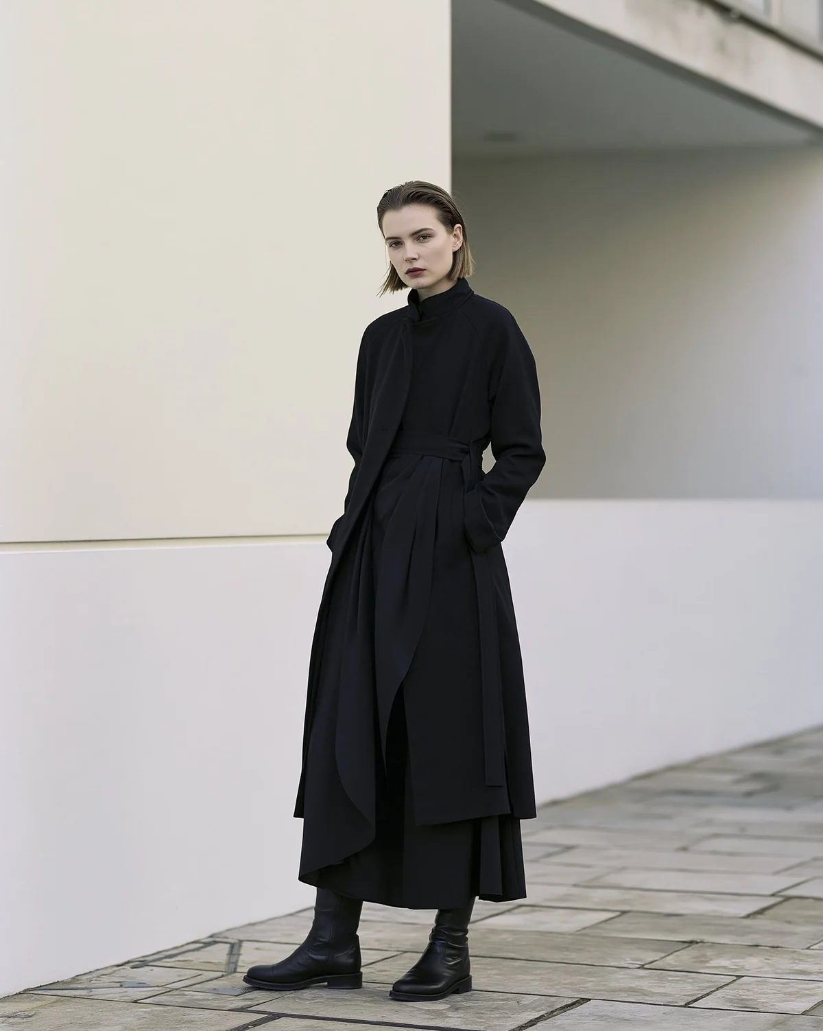 Minimal full-body fashion look in black tailoring and boots.