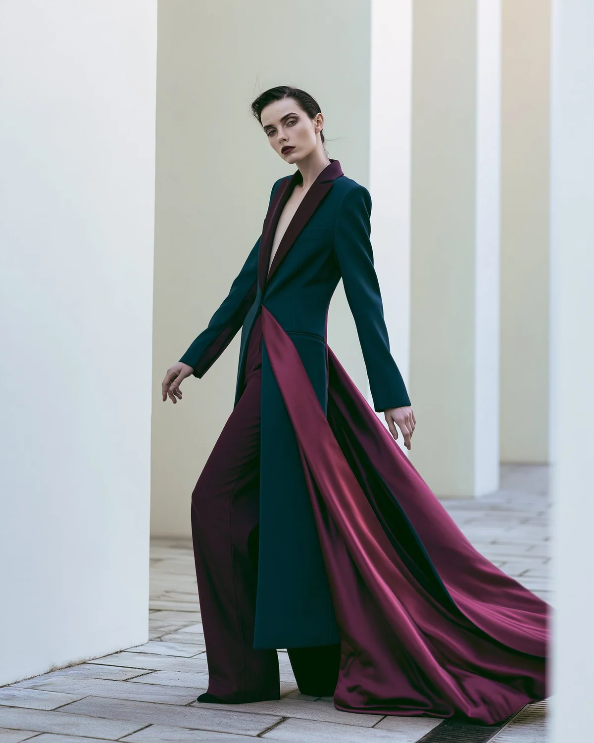 AI fashion study with flowing fabric and architectural light.