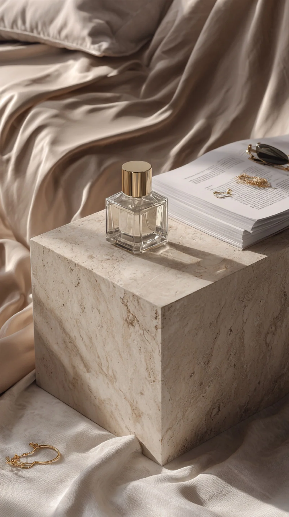 Clear fragrance bottle on limestone beside an open book and silk bedding.