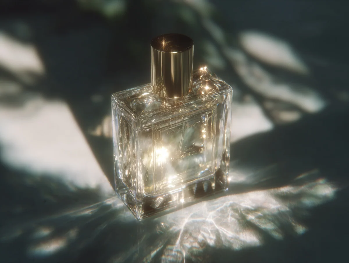Clear perfume bottle refracting sunlight across a dark surface.