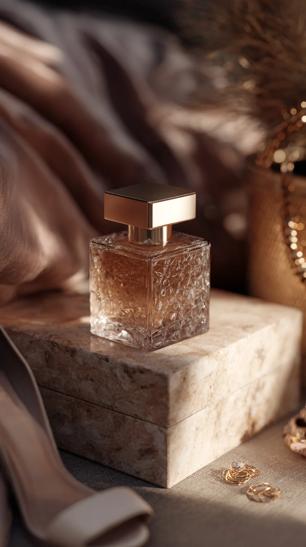 Unbranded amber fragrance bottle on stone and soft silk.