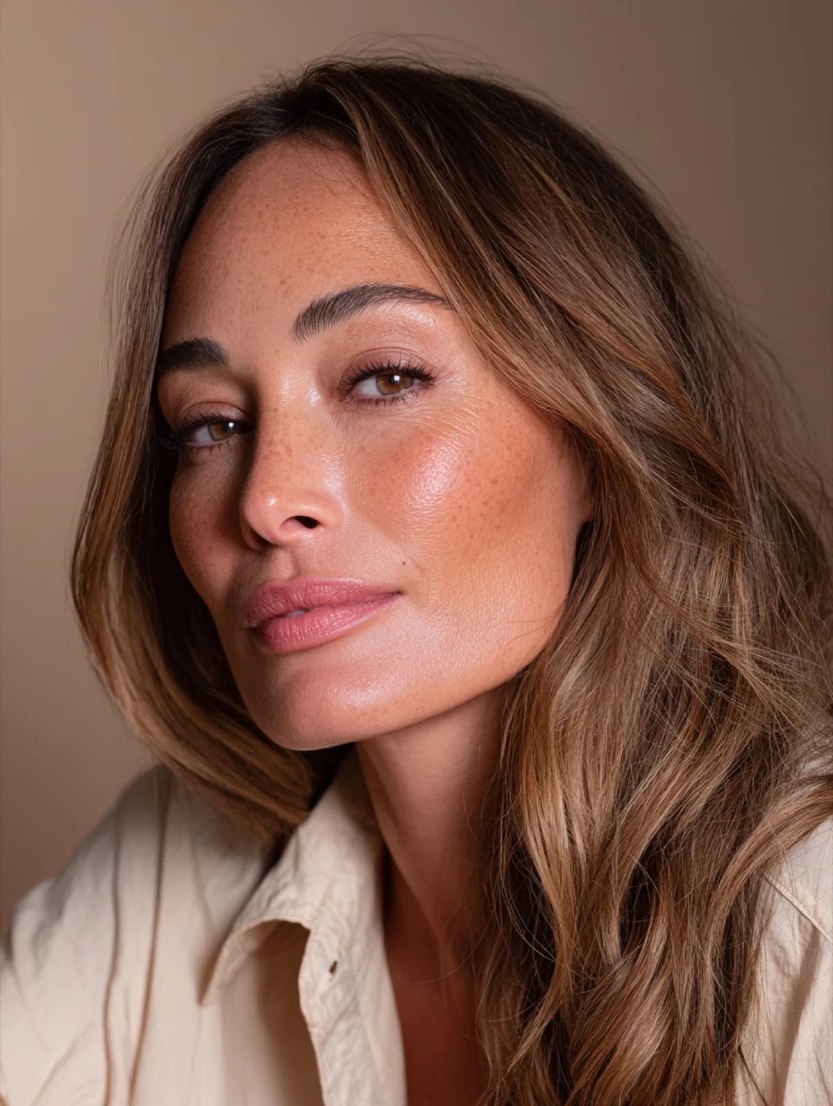 Realistic mature AI beauty portrait in warm studio light.