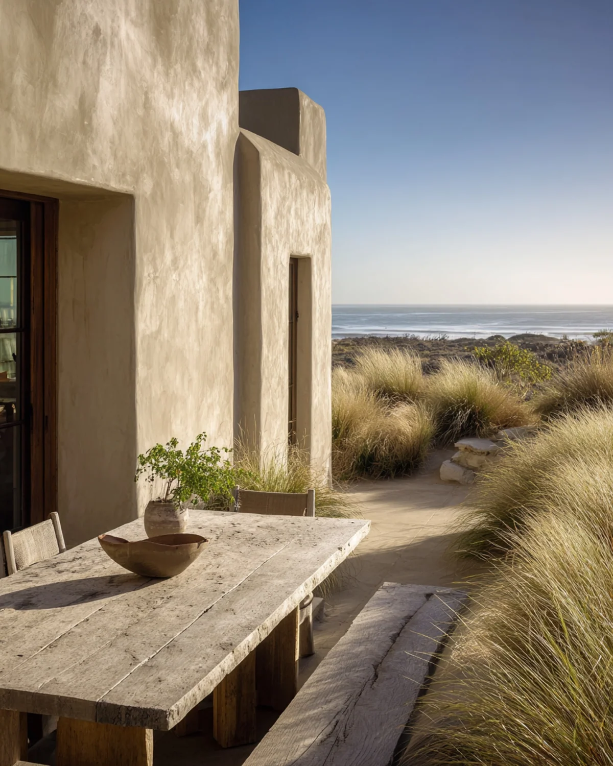 Minimal coastal house terrace surrounded by natural grasses.