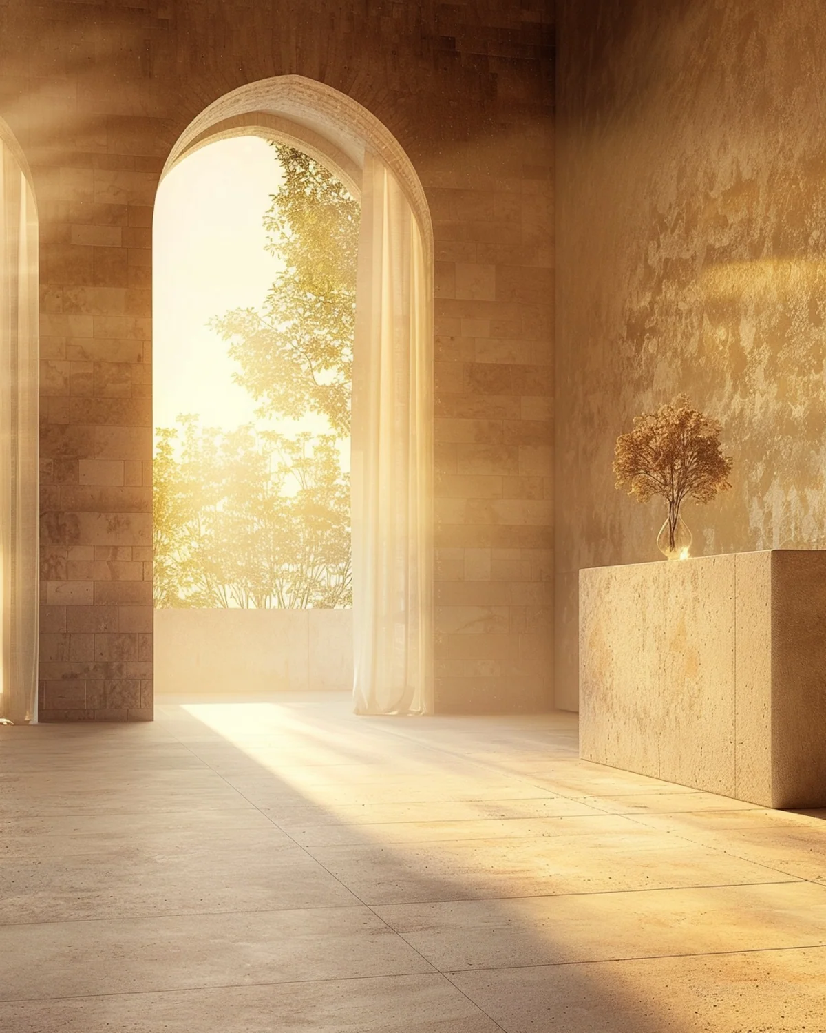 Minimal arched stone room filled with luminous golden light.