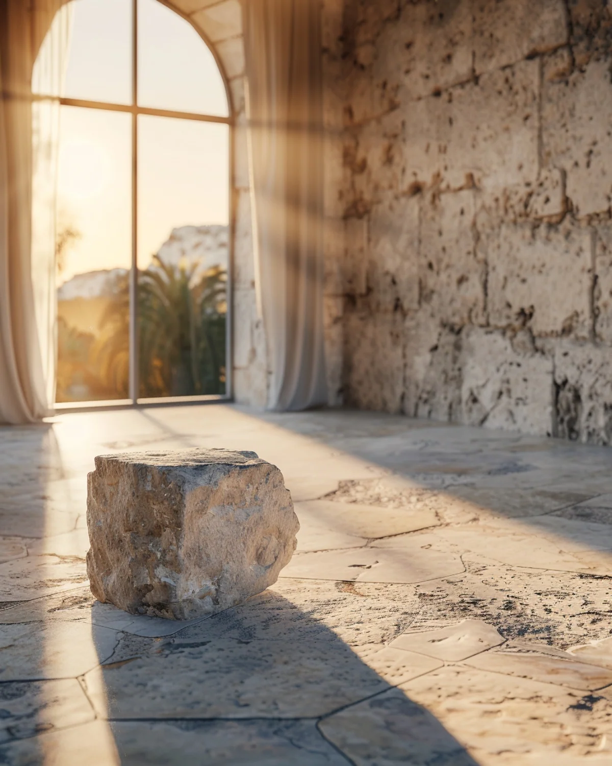 Mediterranean stone room filled with warm sunset light.