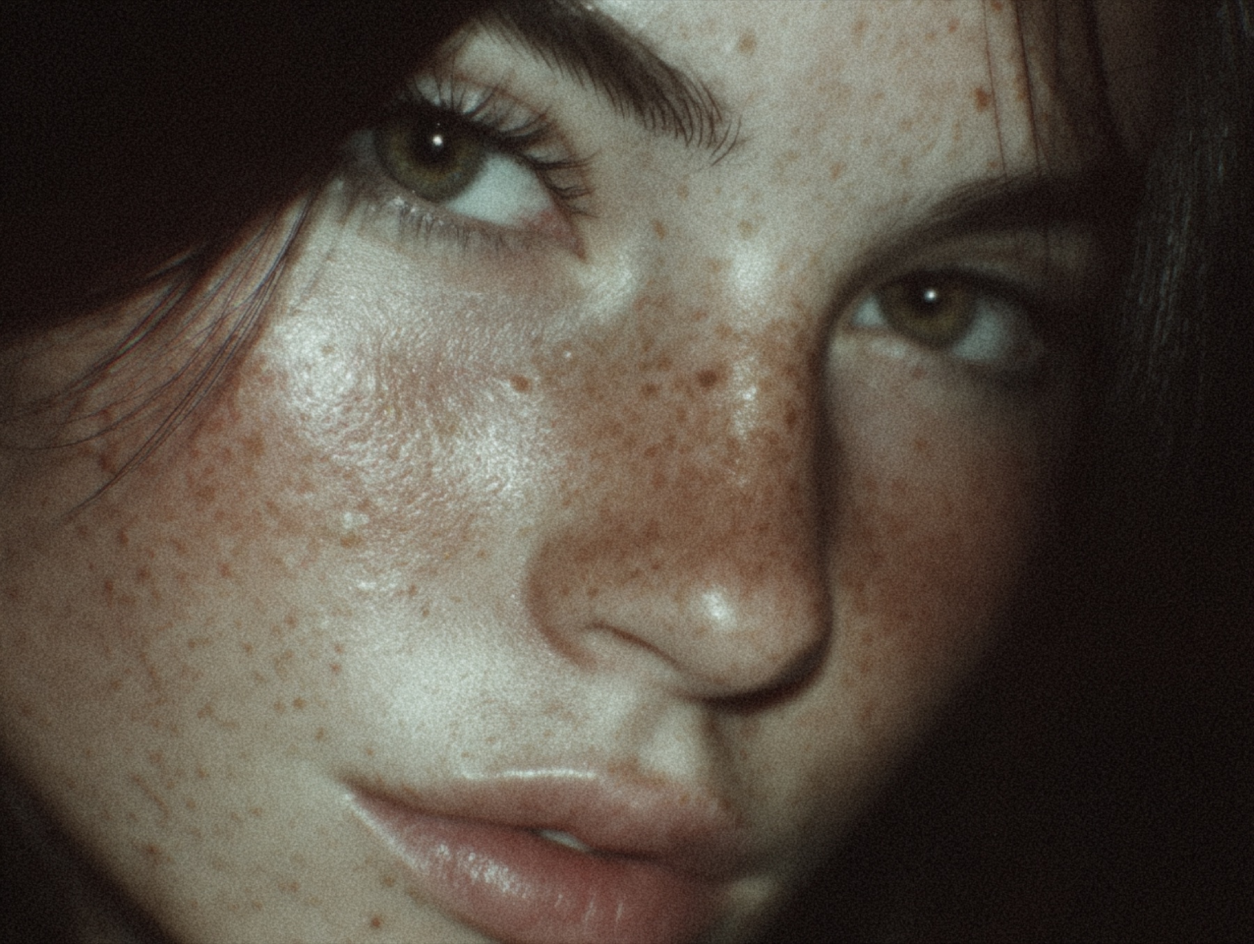 Cinematic close-up beauty portrait with visible skin texture.