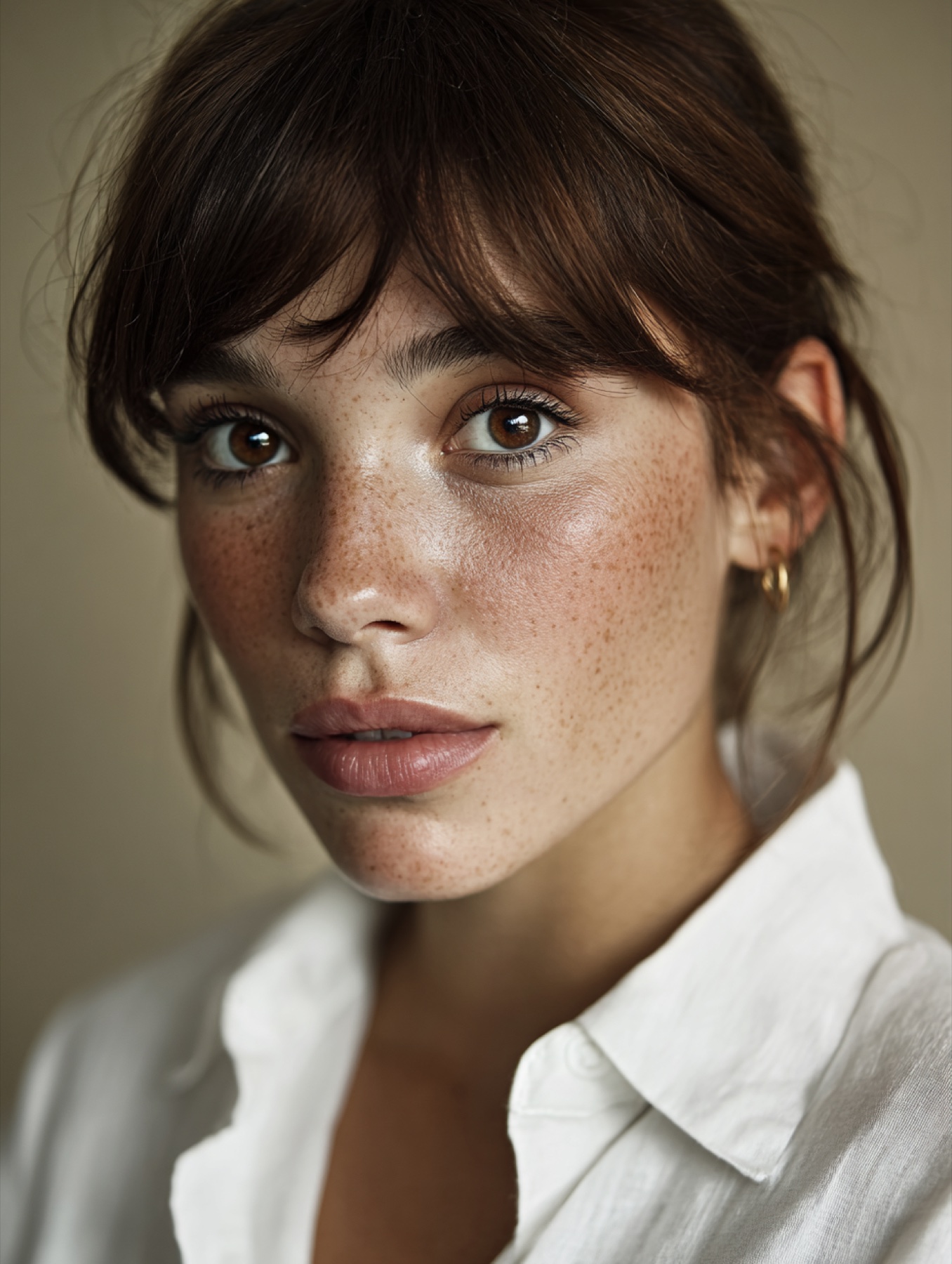 Realistic AI beauty portrait with natural freckles.
