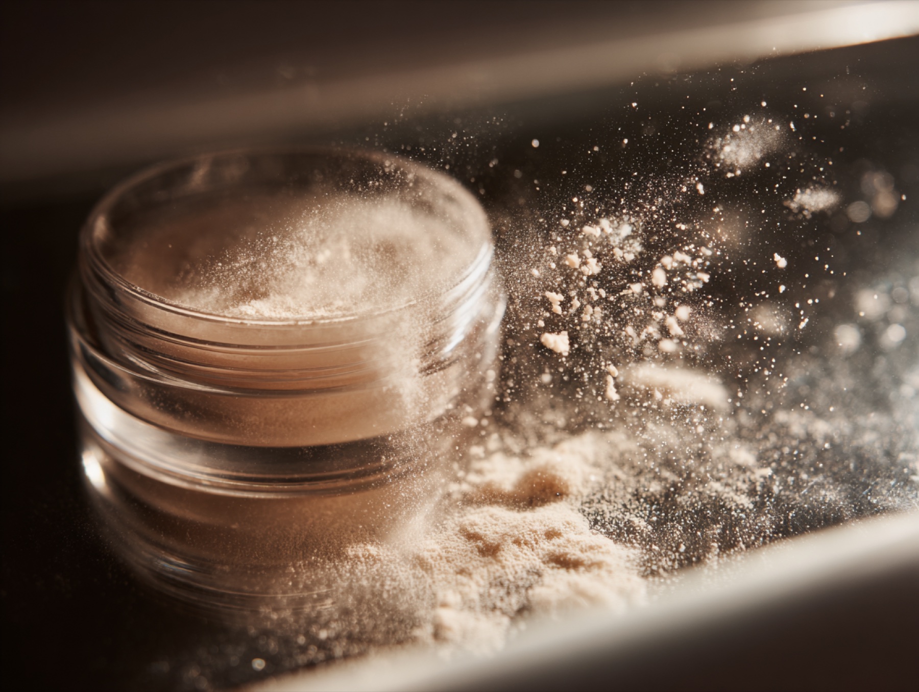 Cosmetic powder suspended in warm studio light.