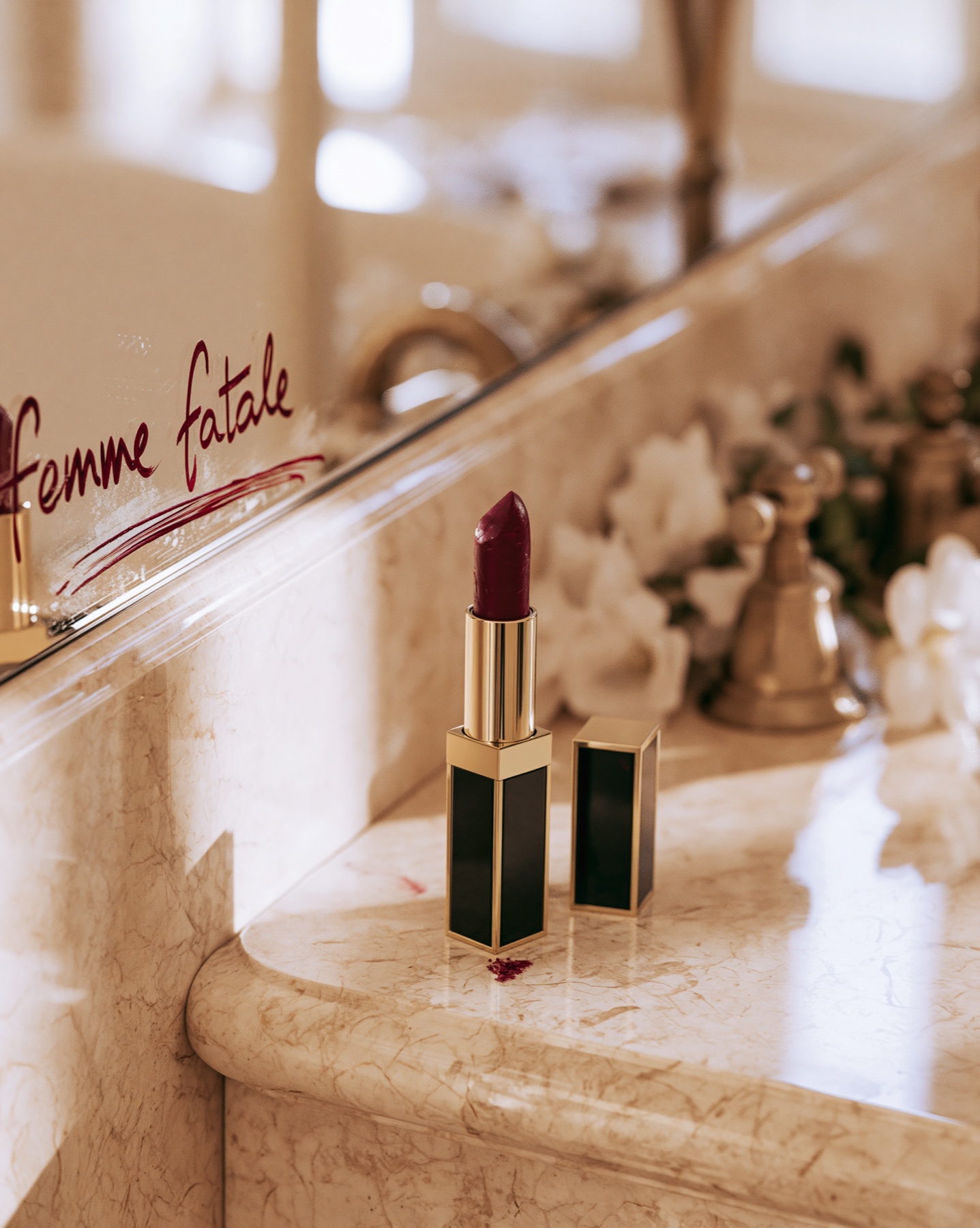 Deep rouge lipstick reflected in a softly lit dressing-room mirror.