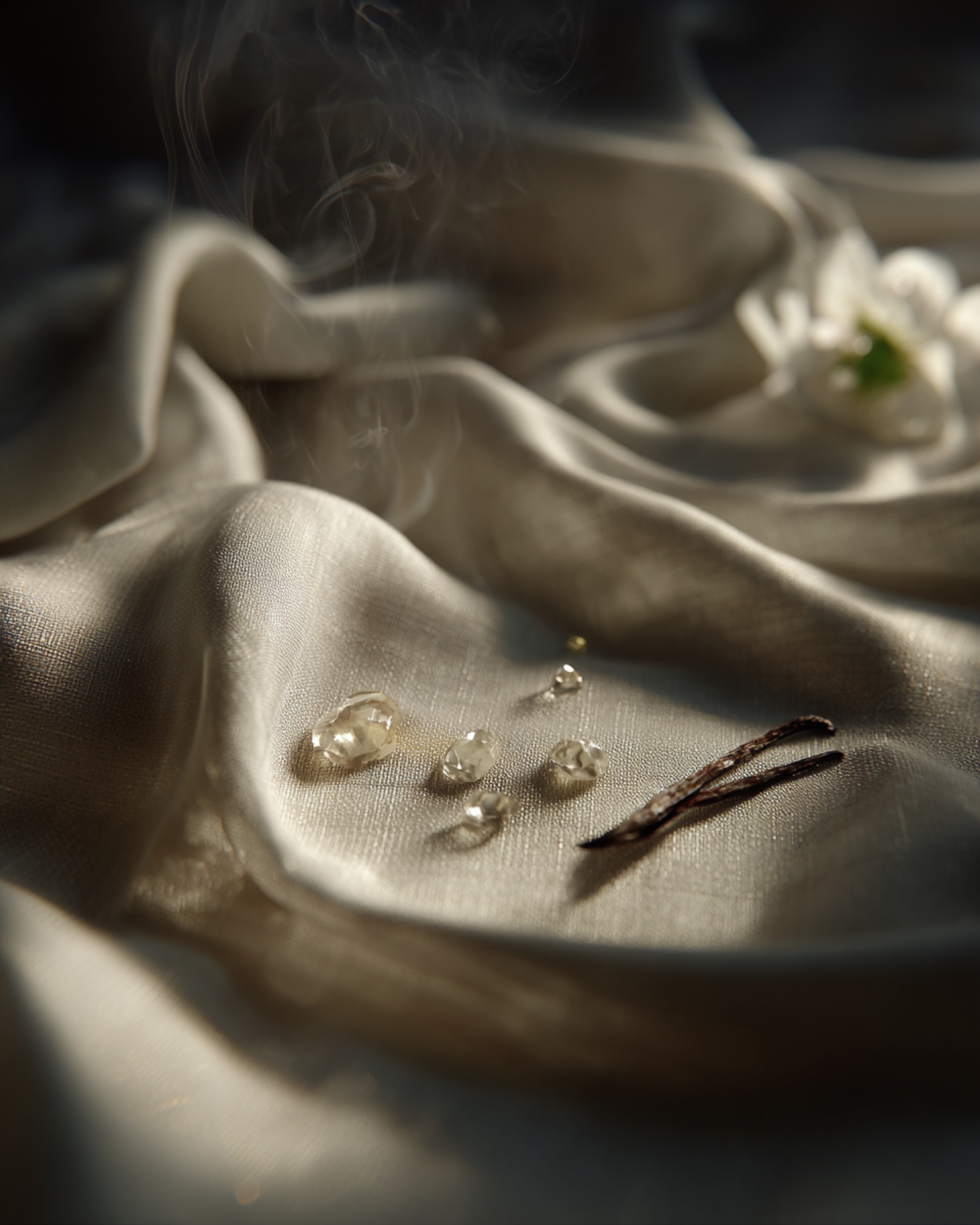 Ivory silk, vanilla and translucent drops in a sensory beauty study.