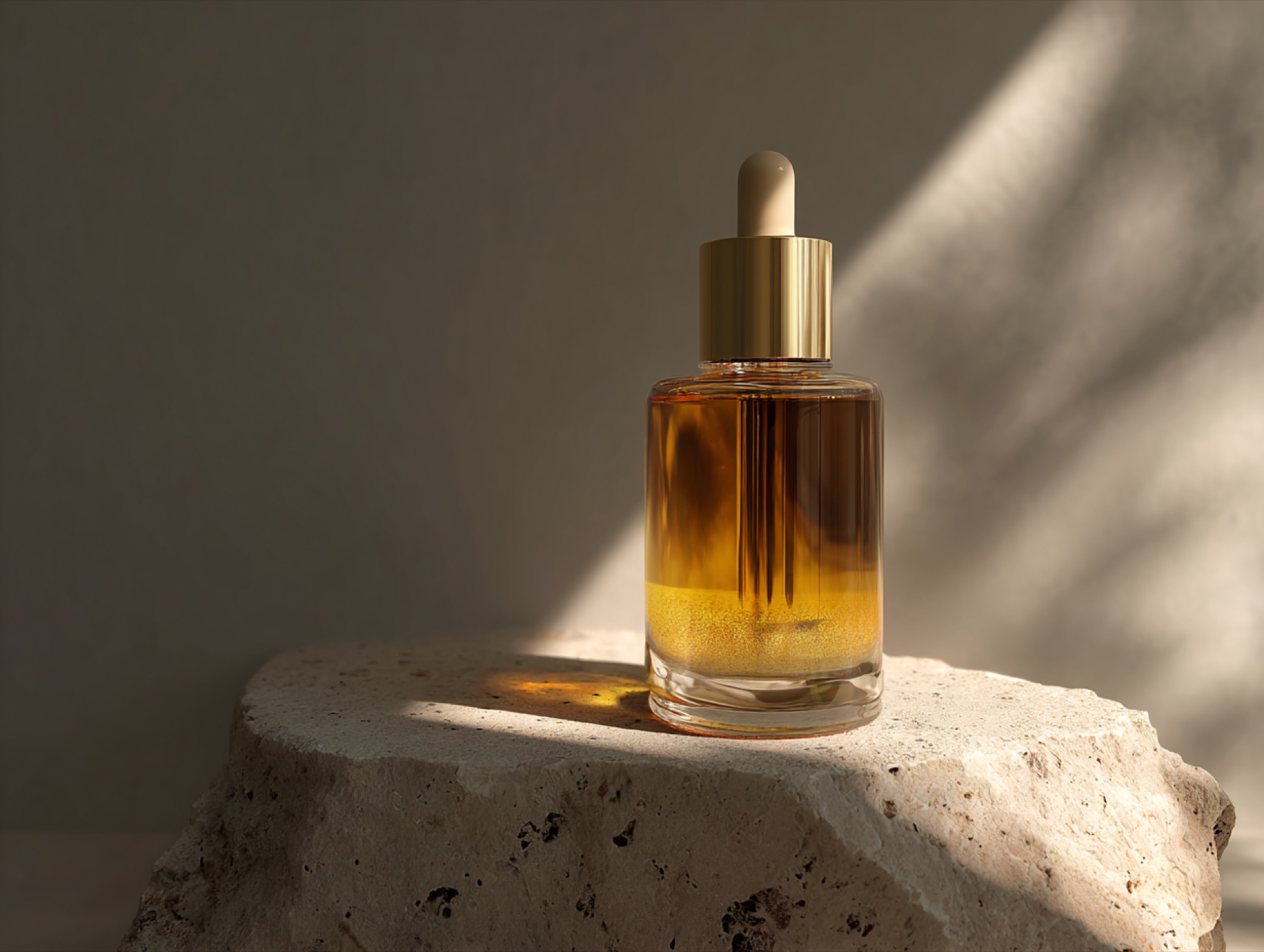 Unbranded amber skincare serum in warm natural light.