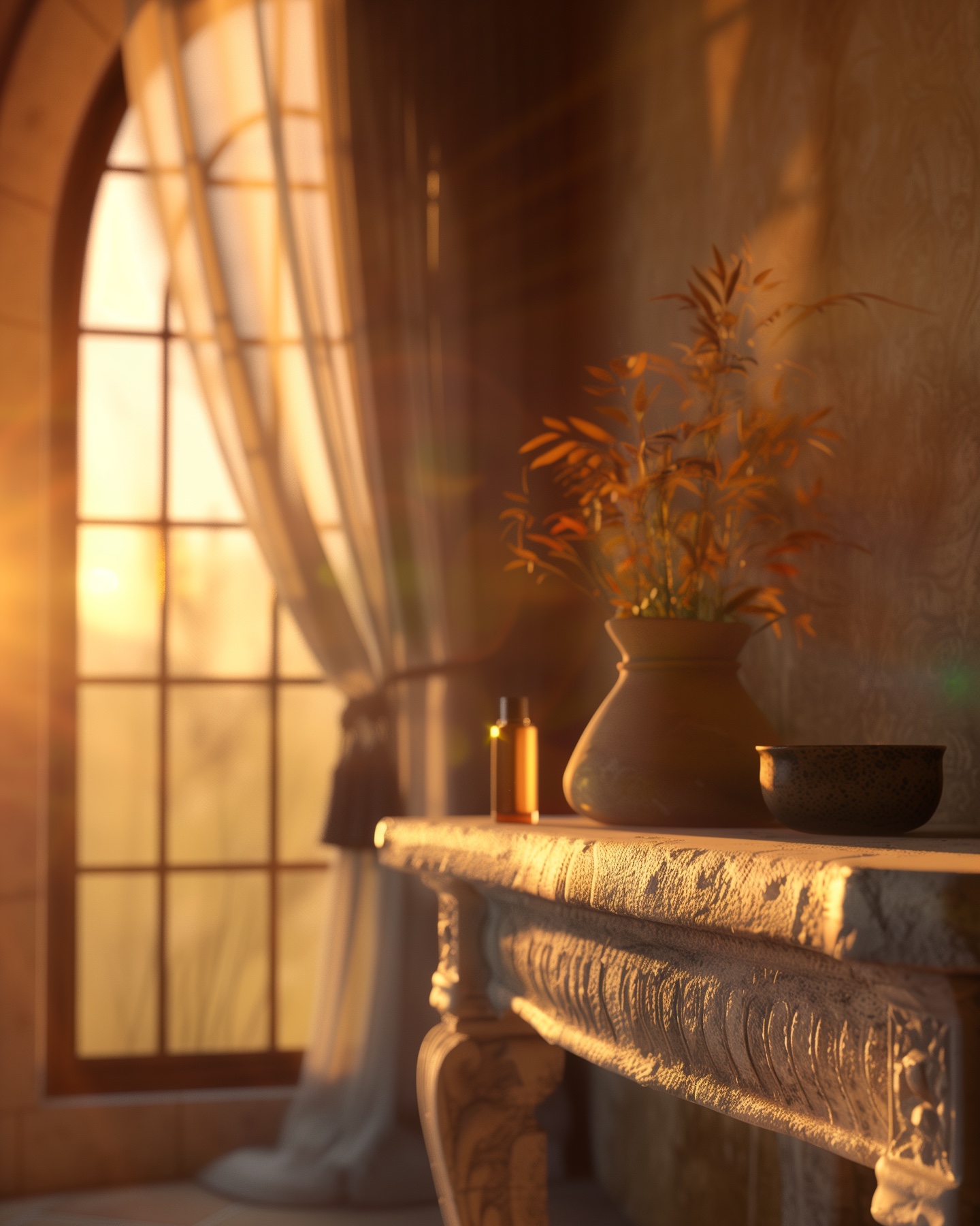 Minimal skincare bottle in a warm interior shaped by sunset light and shadows.