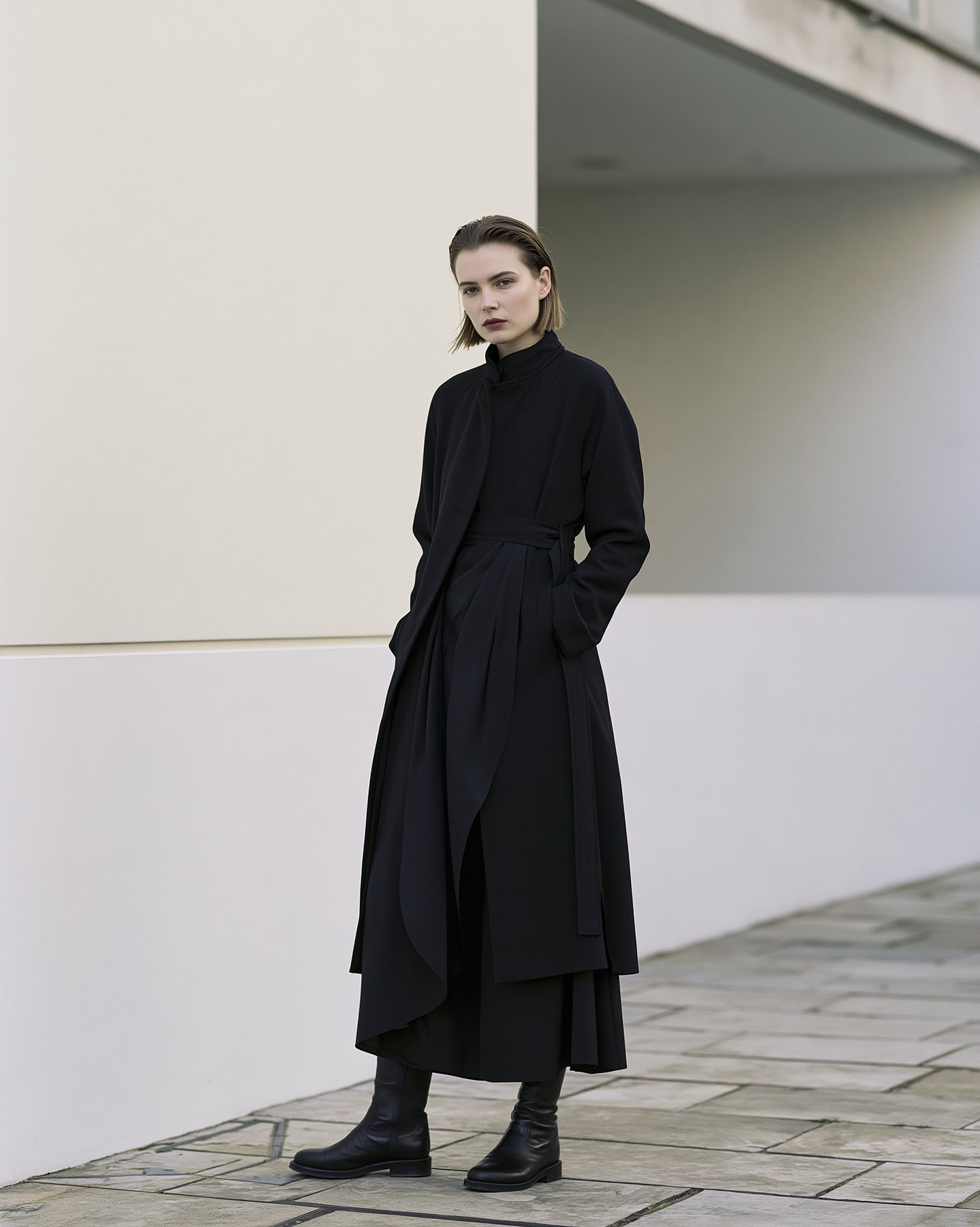 Minimal full-body fashion look in black tailoring and boots.