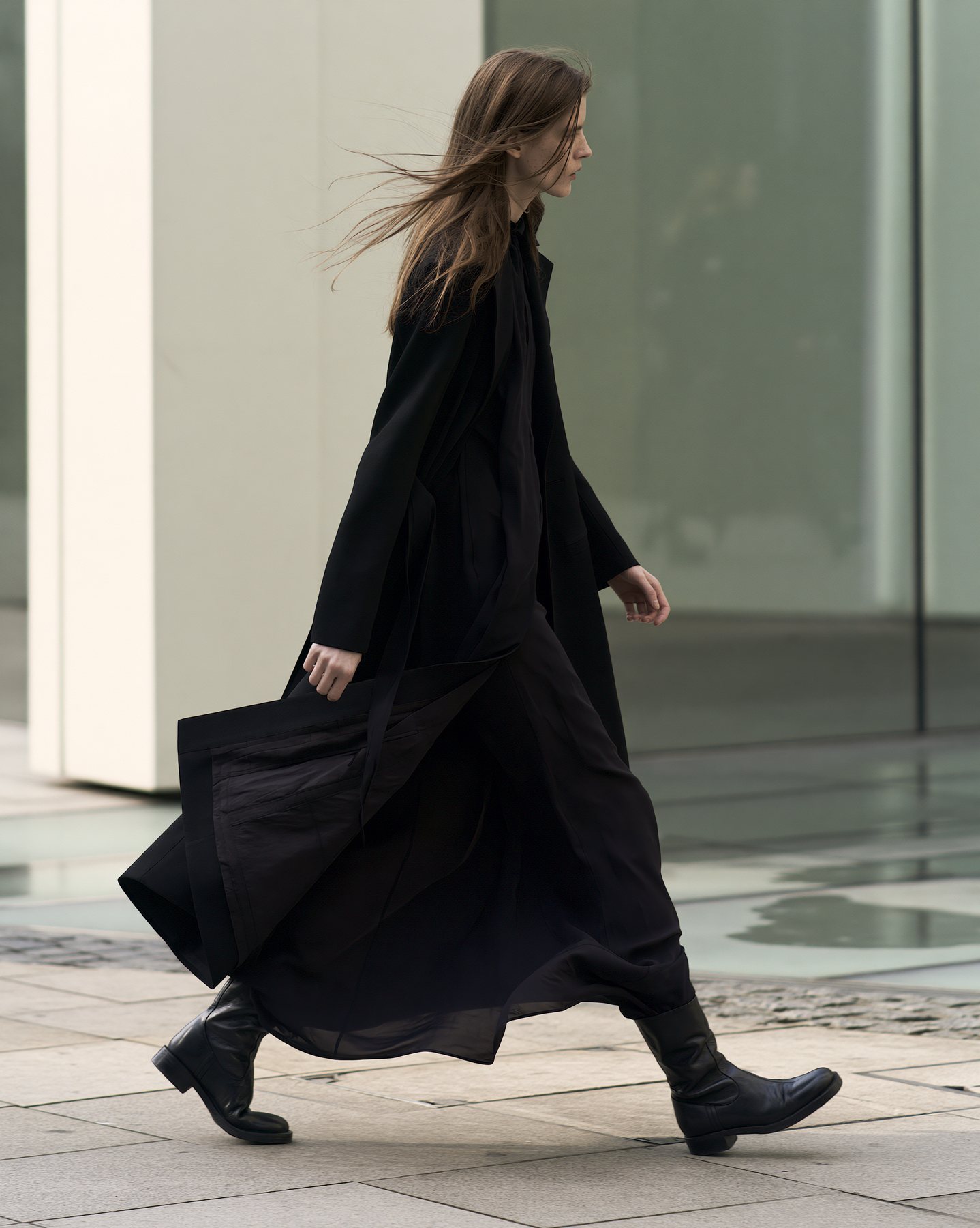 Full-body black fashion silhouette moving through a minimal glass corridor.