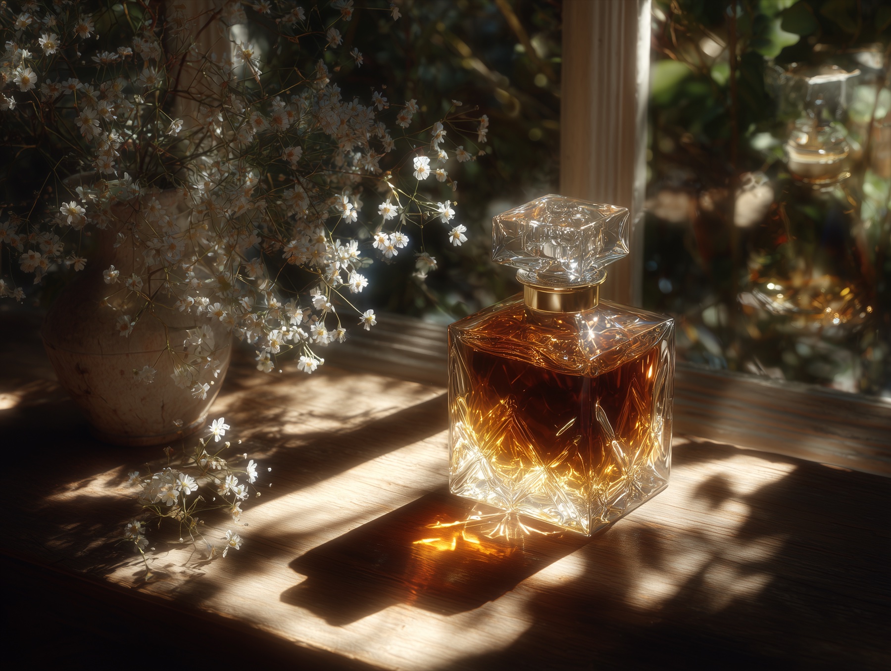 Amber fragrance bottle in warm botanical light.