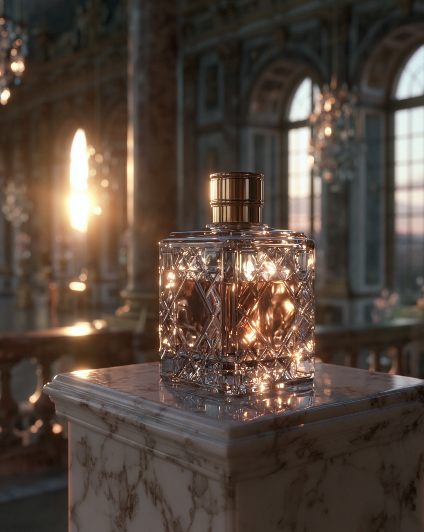Crystal perfume bottle in a cinematic luxury interior.