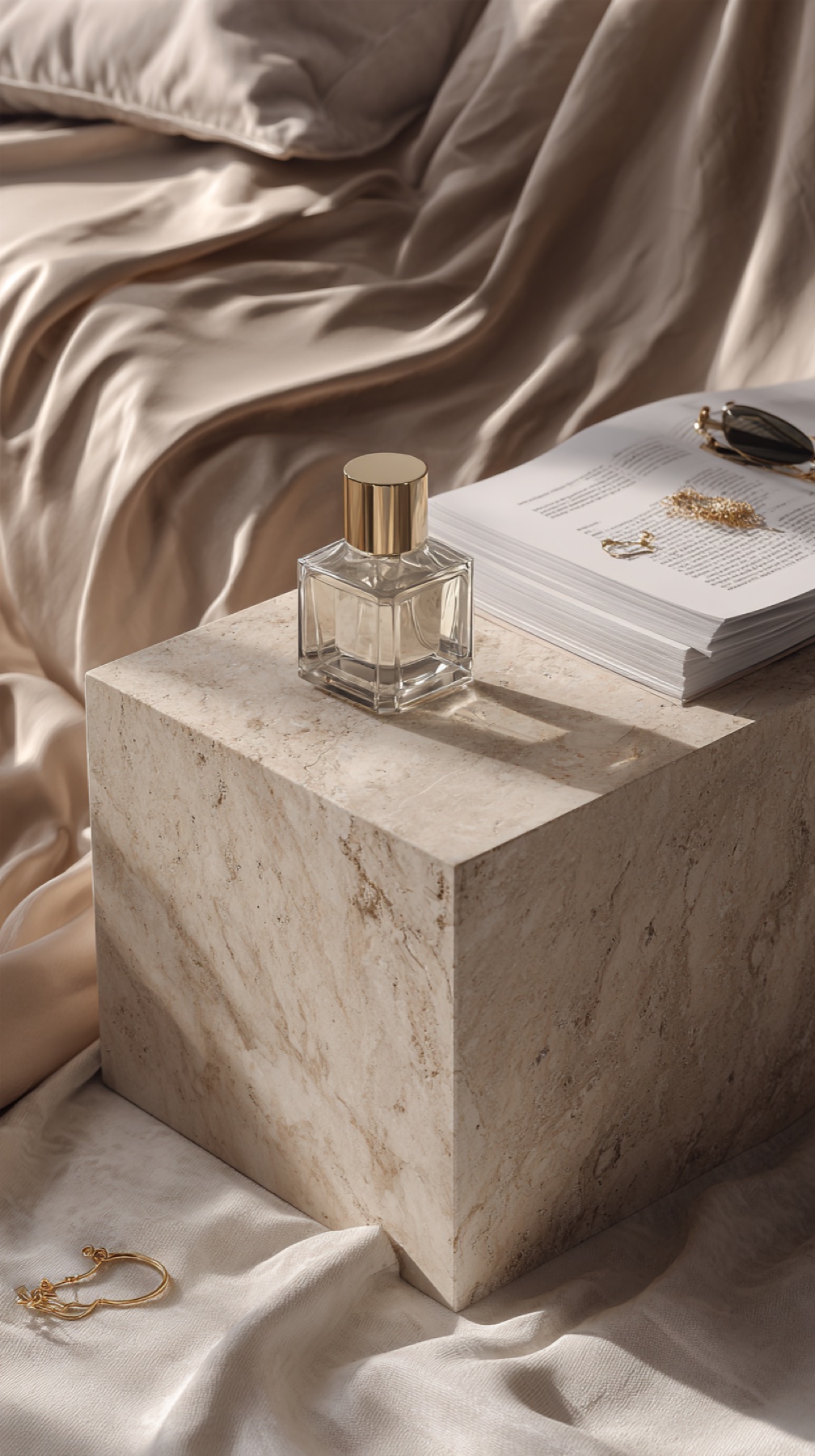 Clear fragrance bottle on limestone beside an open book and silk bedding.