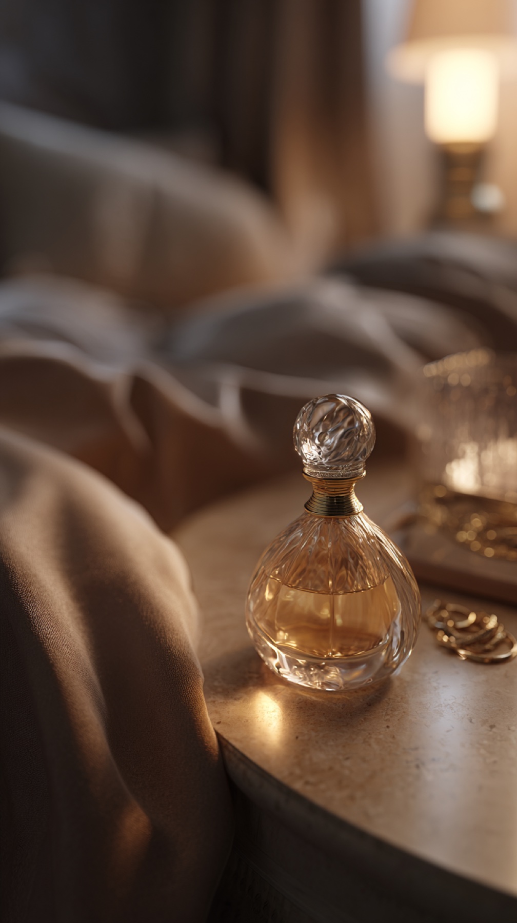 Round crystal fragrance bottle in intimate evening light.