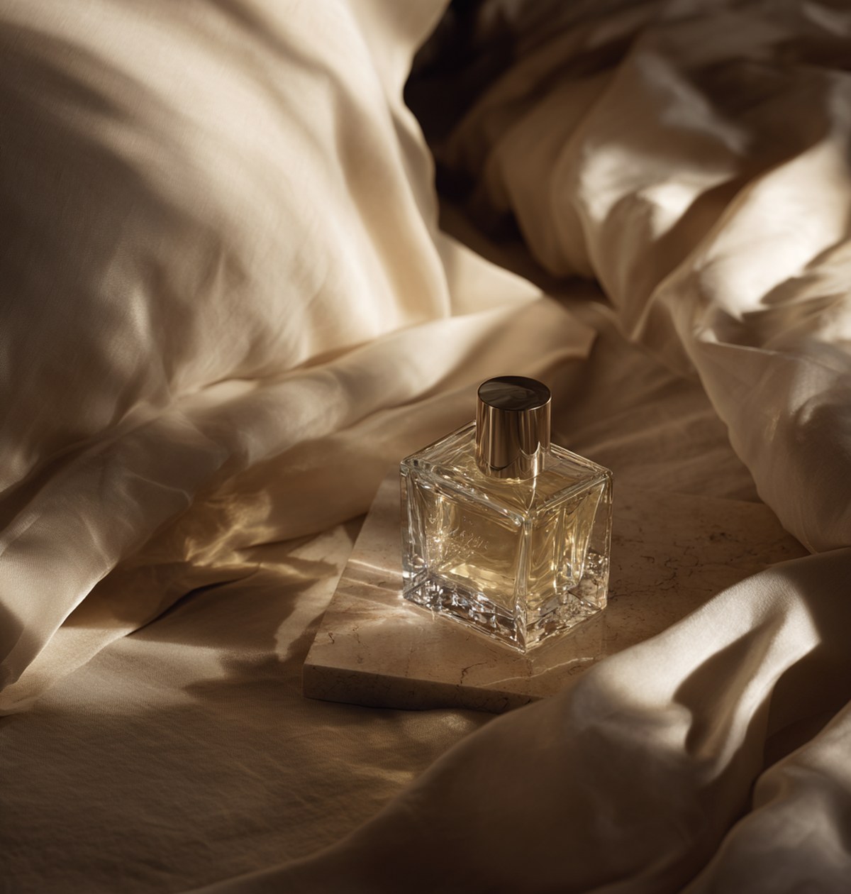 Clear luxury fragrance bottle on warm linen with cinematic morning light.