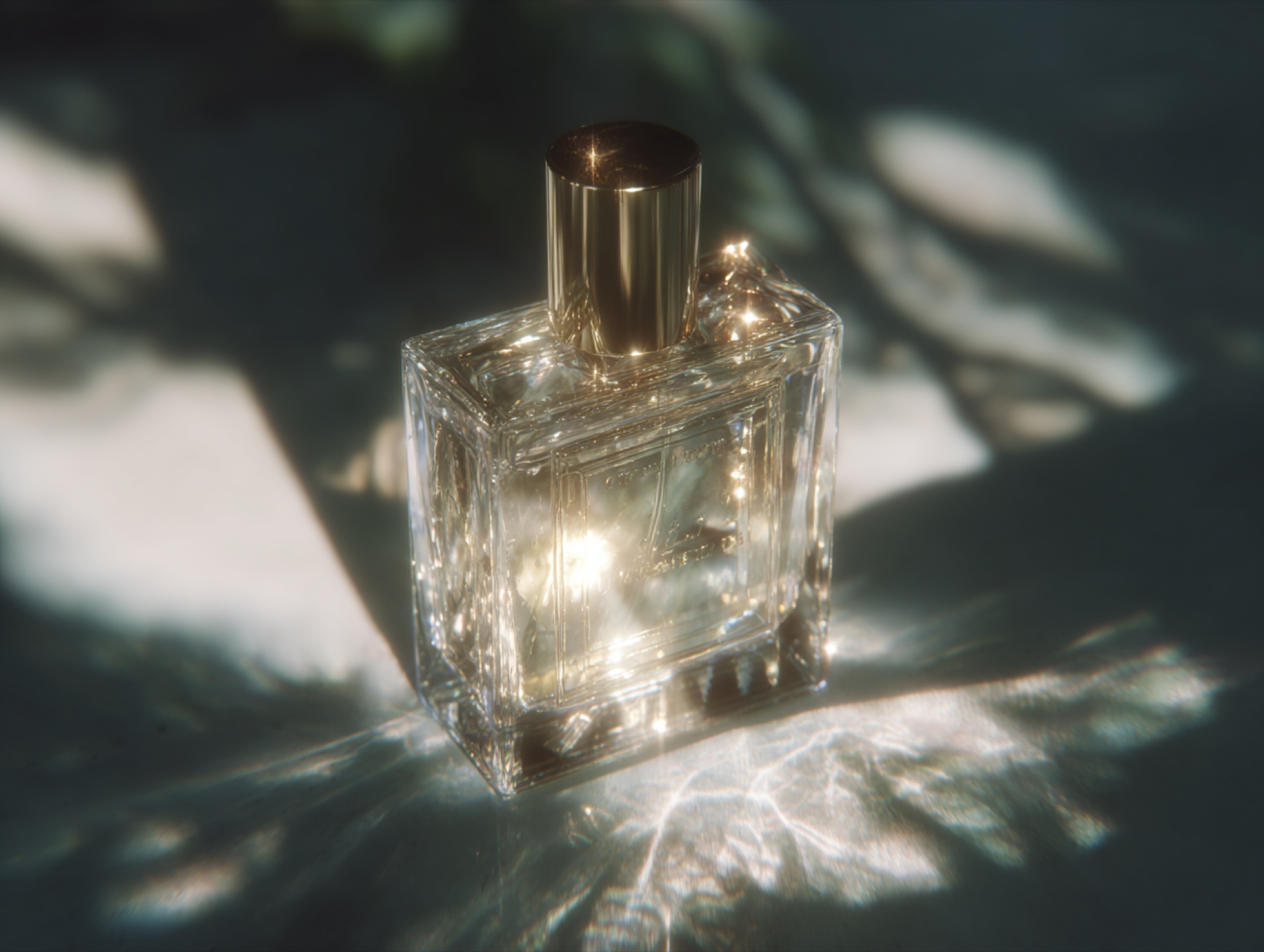 Clear perfume bottle refracting sunlight across a dark surface.