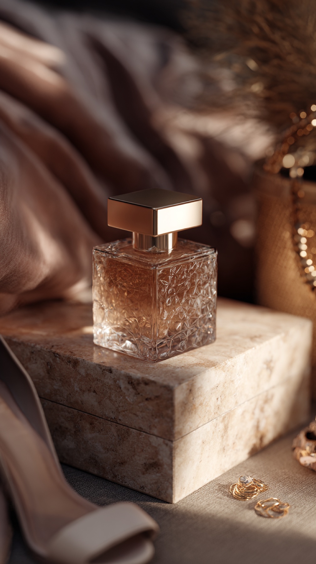 Unbranded amber fragrance bottle on stone and soft silk.