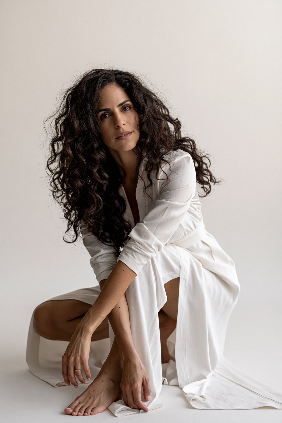 Realistic AI fashion character seated in a white editorial look.