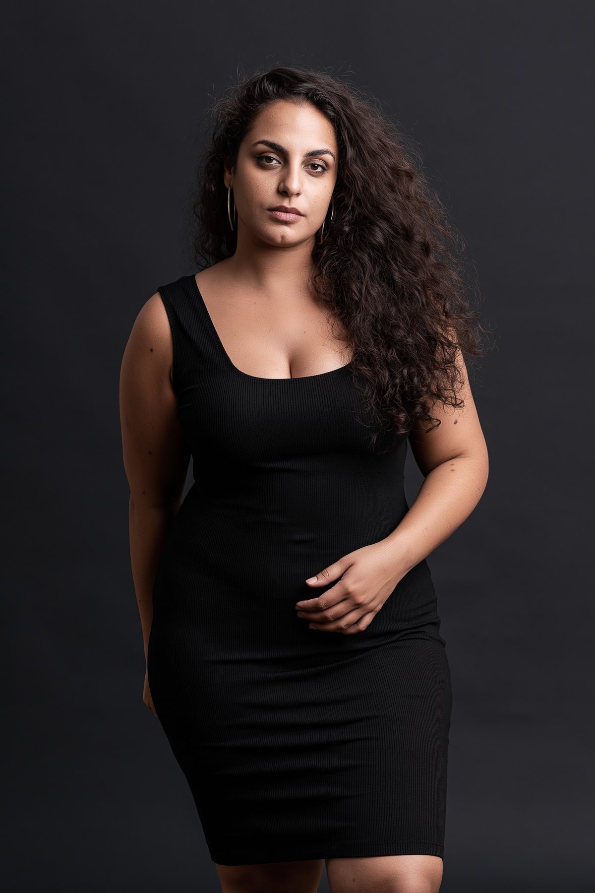 Realistic inclusive AI fashion character in a black studio look.