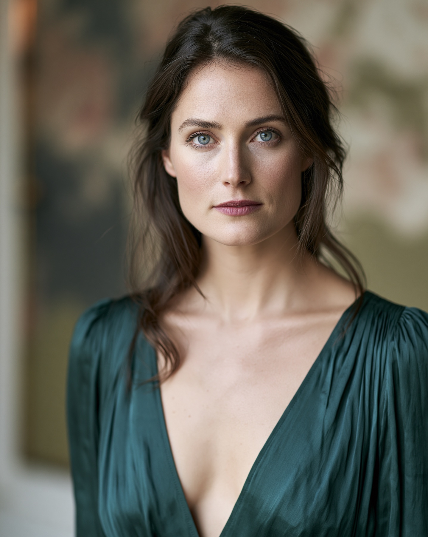 Natural AI character portrait in a green evening dress.