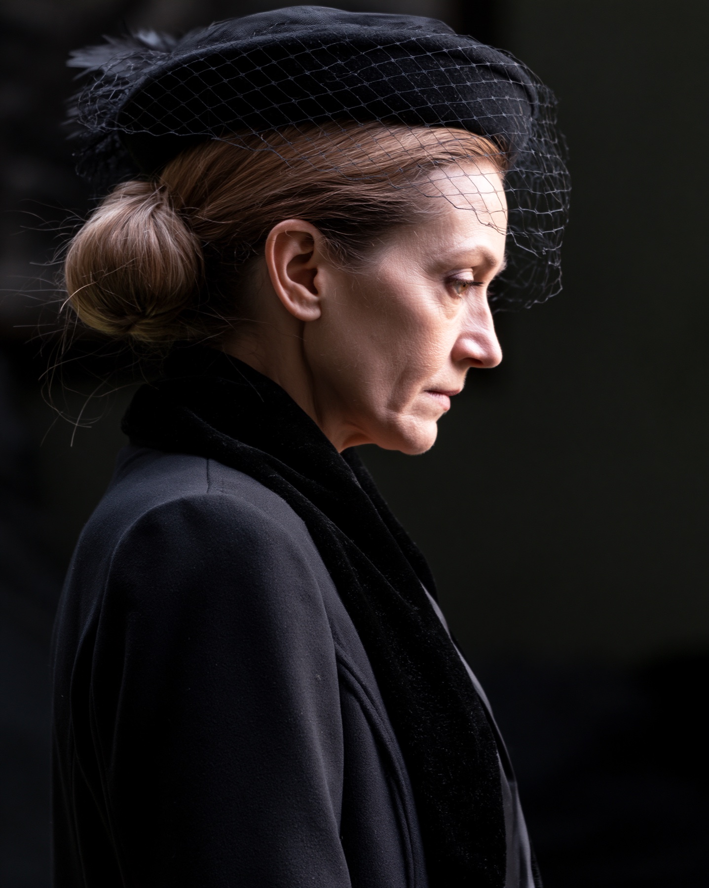 Natural mature AI character in a cinematic side profile.