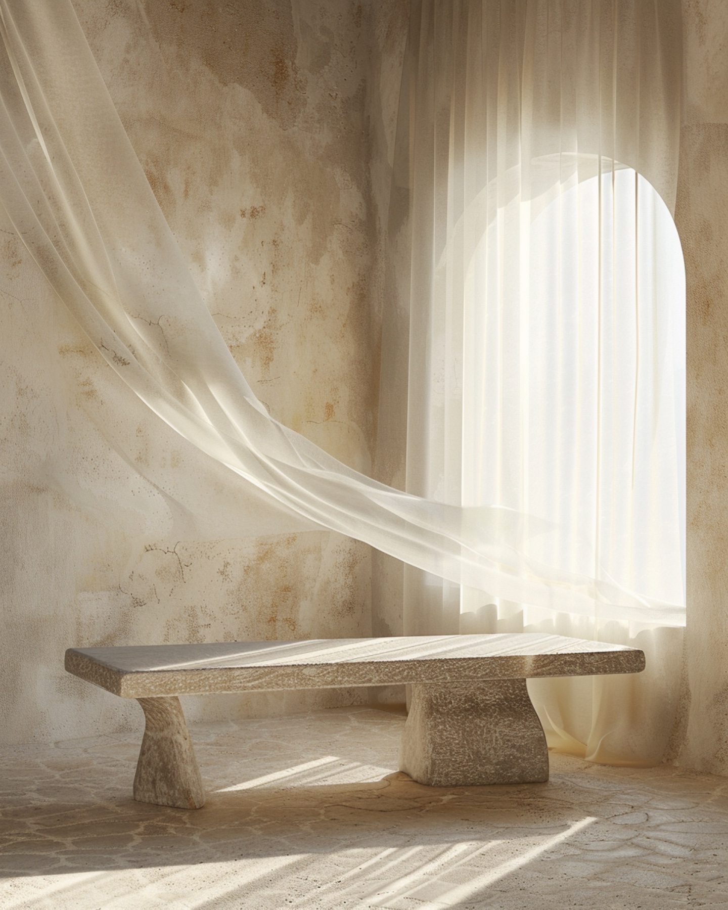Intimate stone interior with an arched window, sculptural bench and flowing linen.