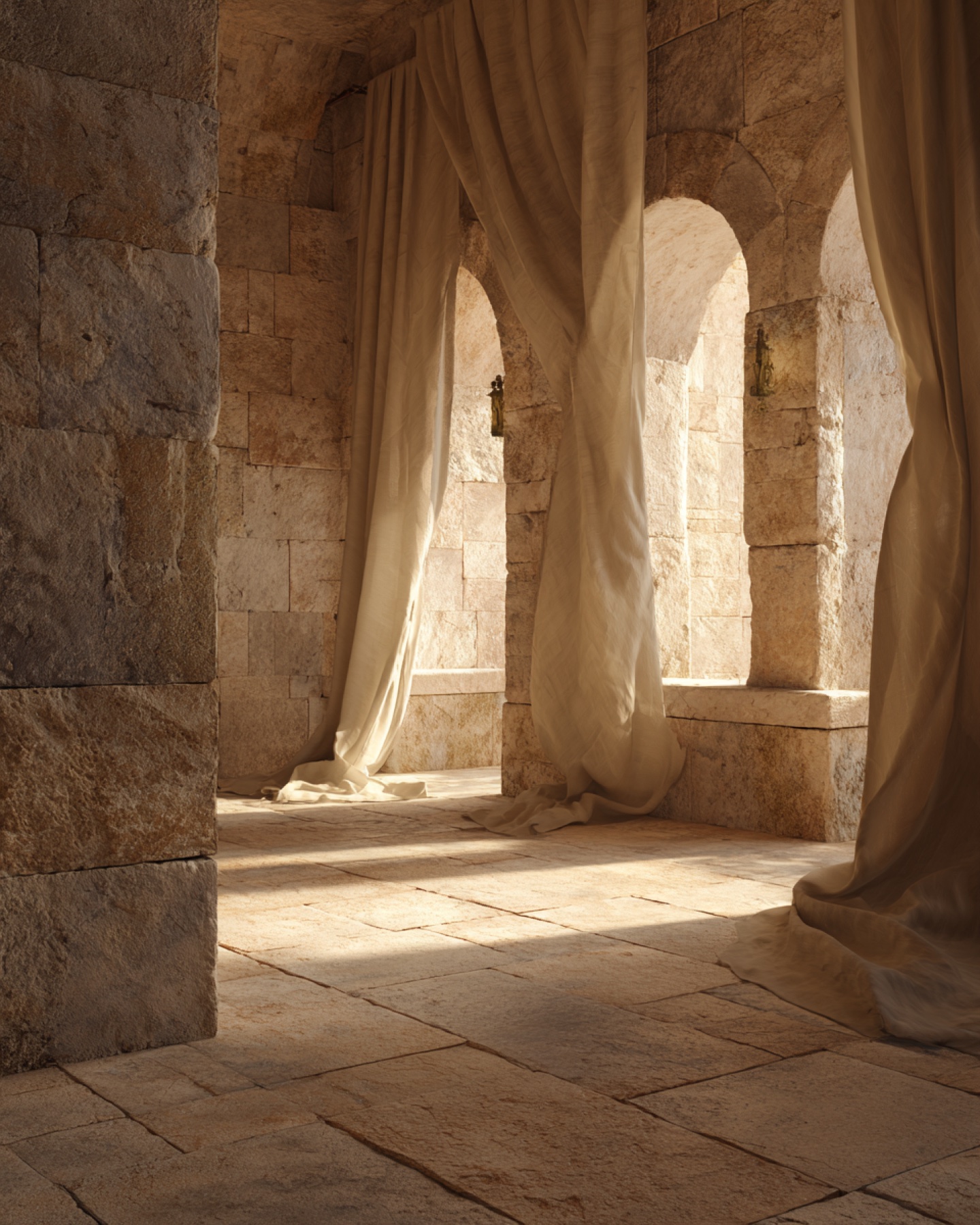 Sunlit Mediterranean stone cloister with flowing linen curtains.