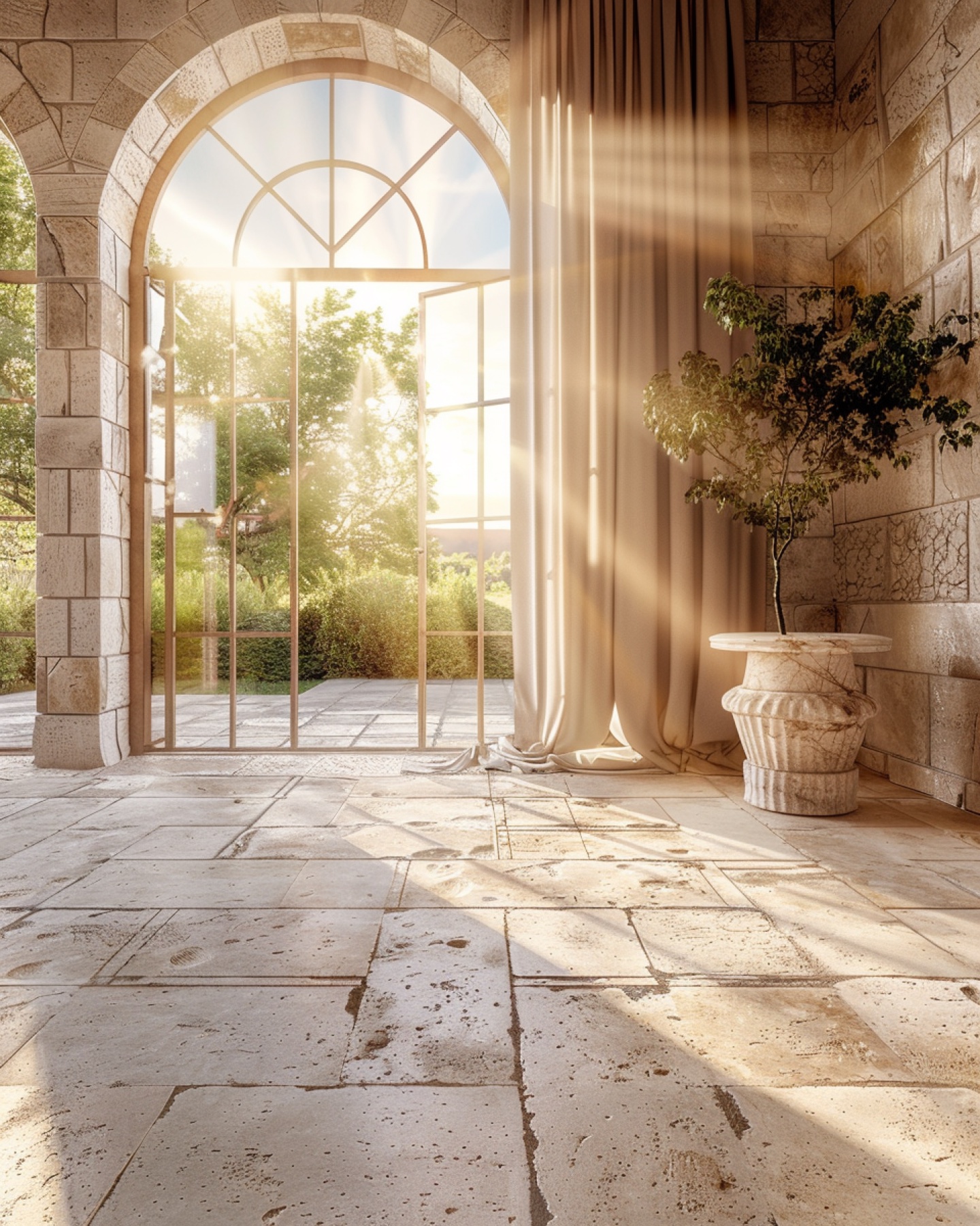 Sunlit Mediterranean stone hall opening onto a garden.