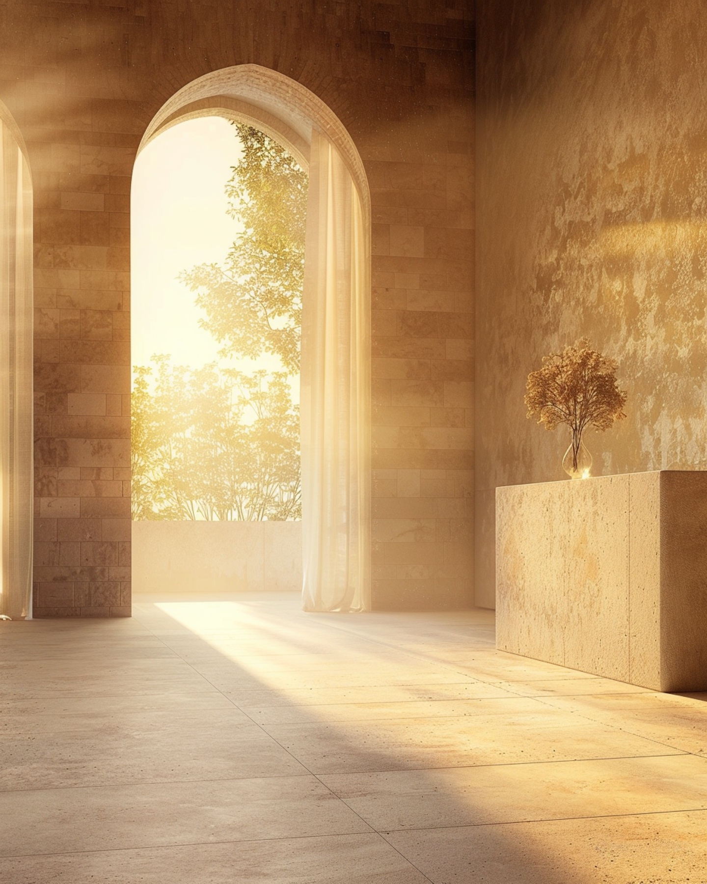 Minimal arched stone room filled with luminous golden light.