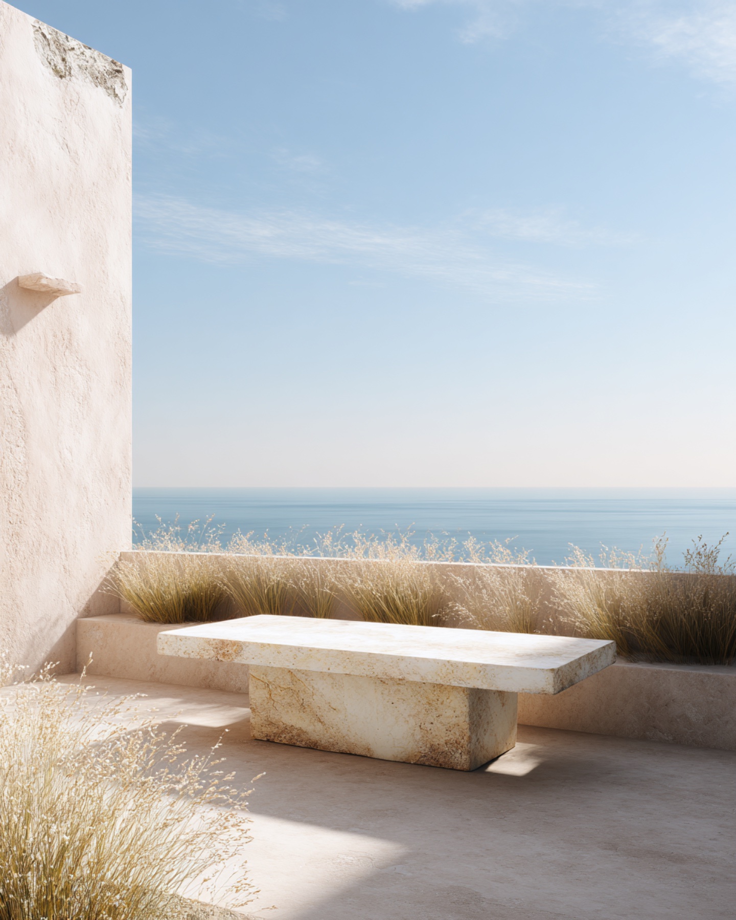 Minimal pale stone terrace overlooking the sea.