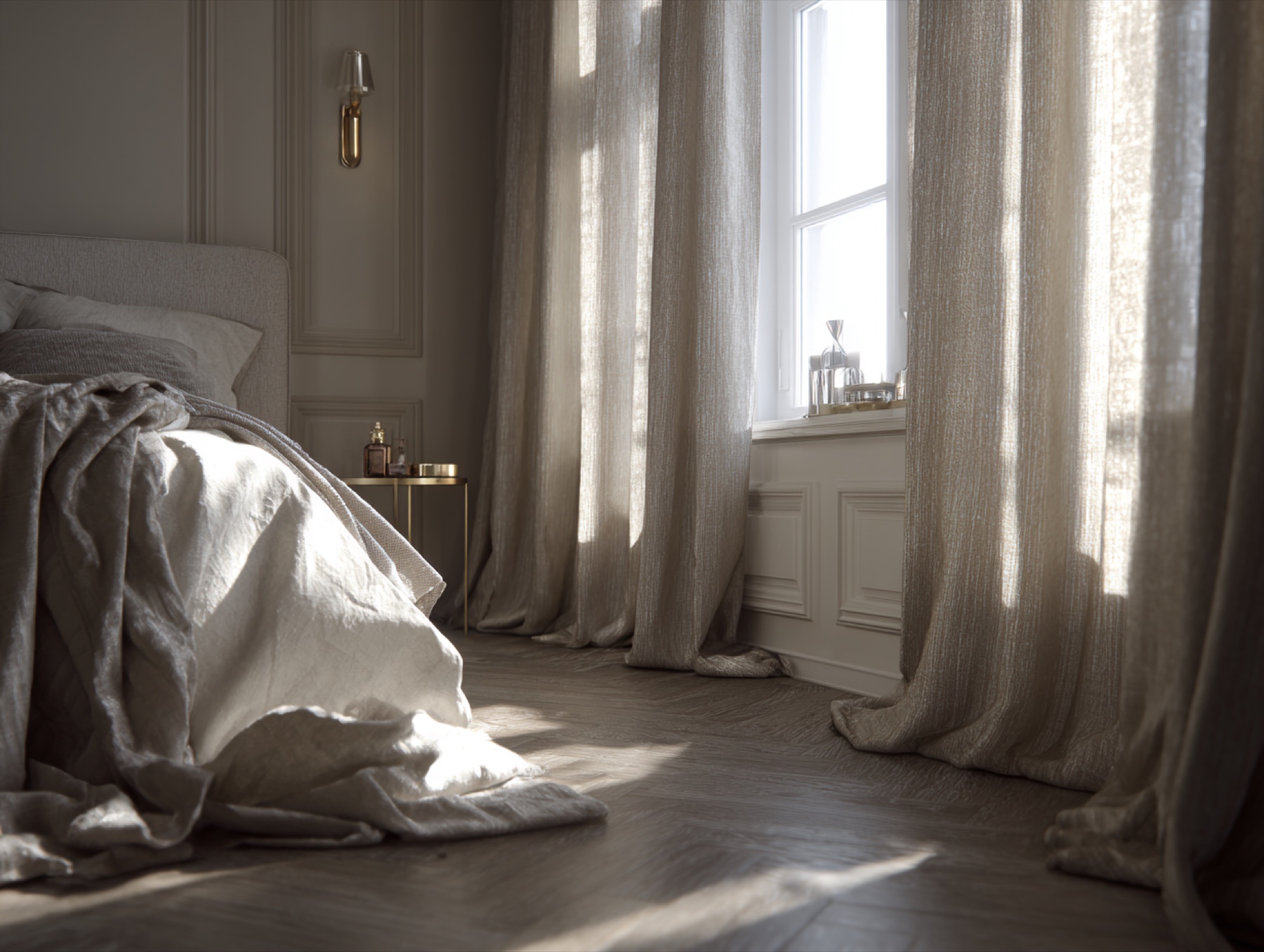 Timeless neutral bedroom with long linen curtains and soft daylight.