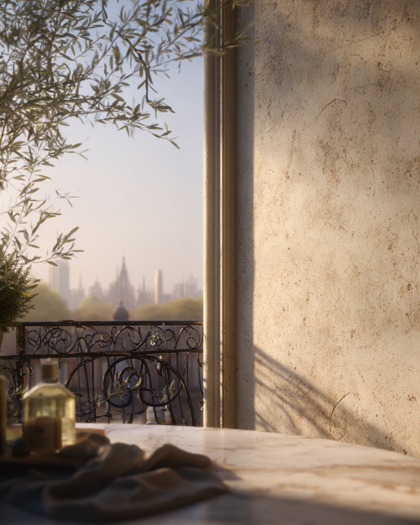Quiet luxury interior opening onto a softly focused city skyline.