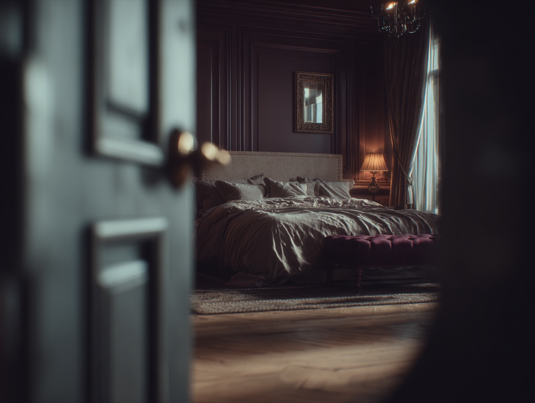 Dark cinematic bedroom viewed through an open doorway.