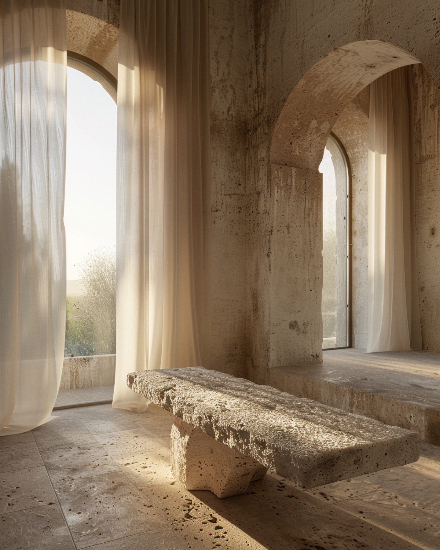 Sculptural Mediterranean stone interior with arches and translucent curtains.