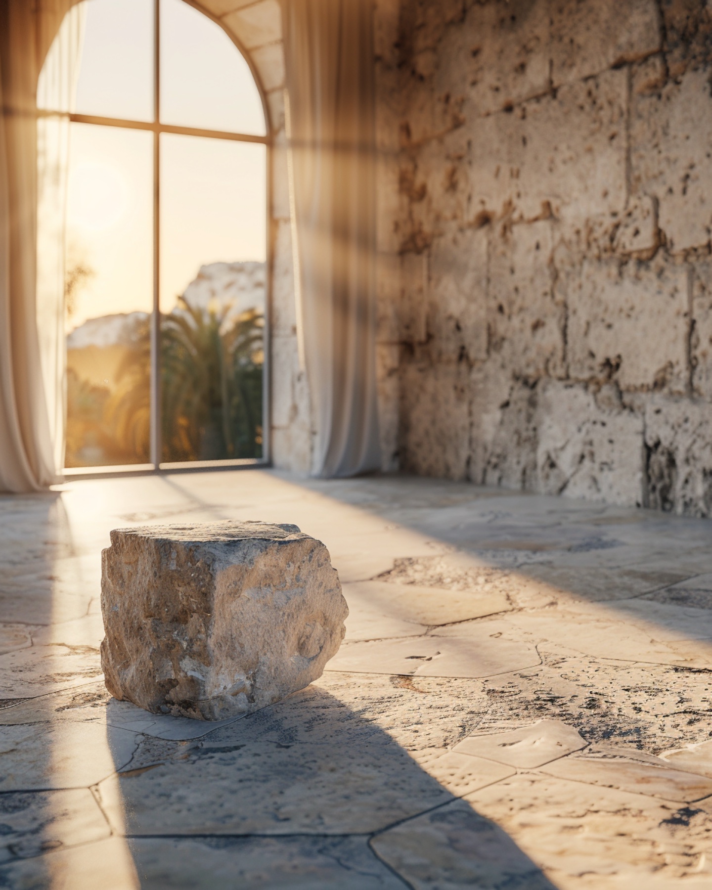 Mediterranean stone room filled with warm sunset light.