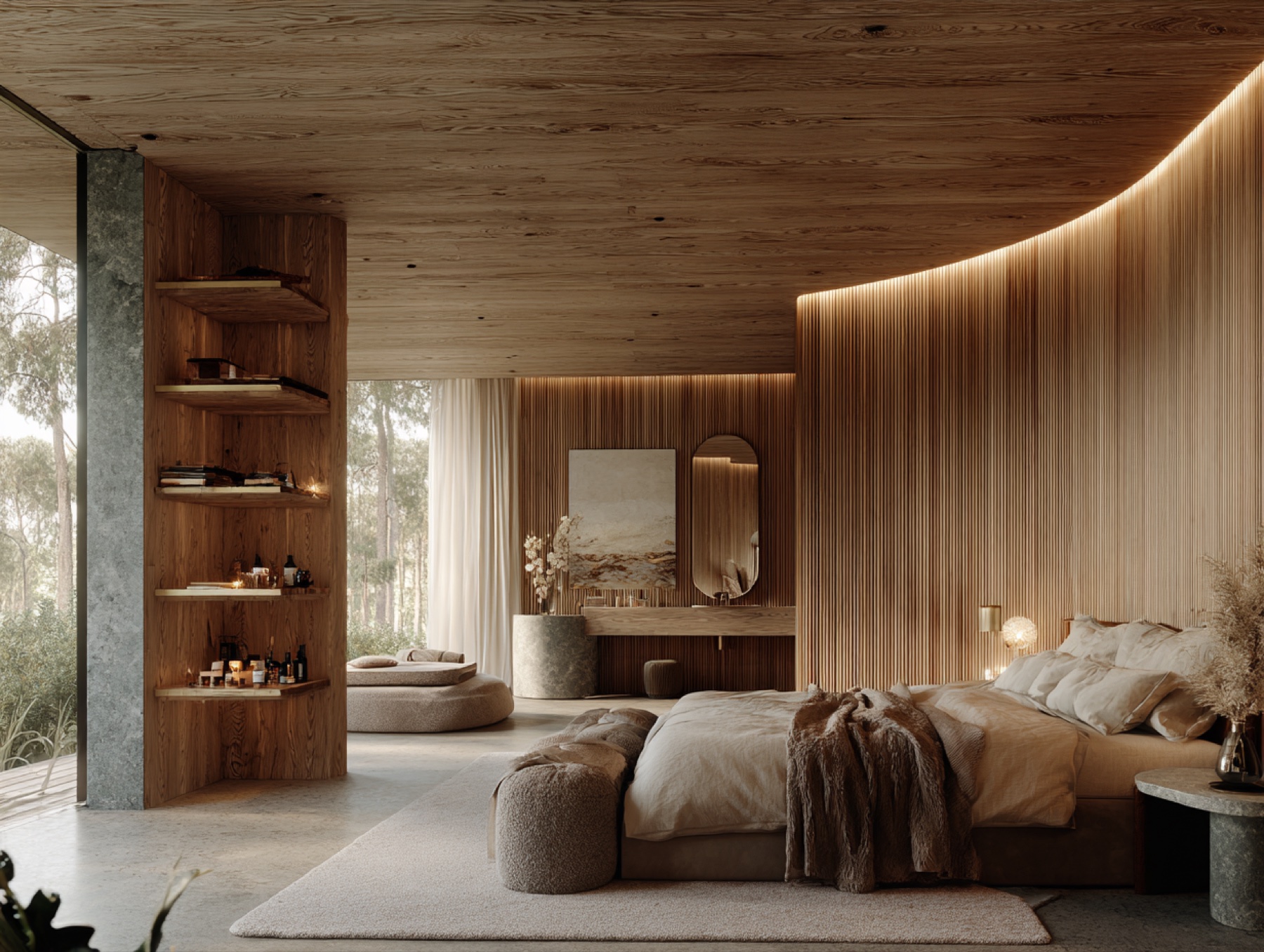 Warm contemporary bedroom with curved timber architecture.